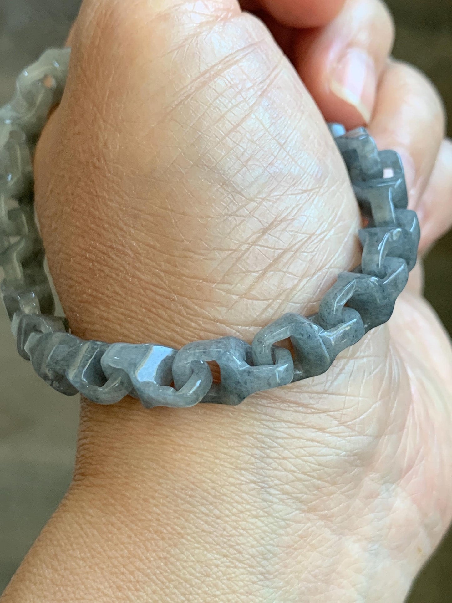 Certified Natural Grade A Icy Translucent Wuji Jadeite Interlocking Dragon Bone Link Chain Bracelet Sterling Silver 8.5” 天然冰胶乌鸡翡翠龙骨链手链 9468