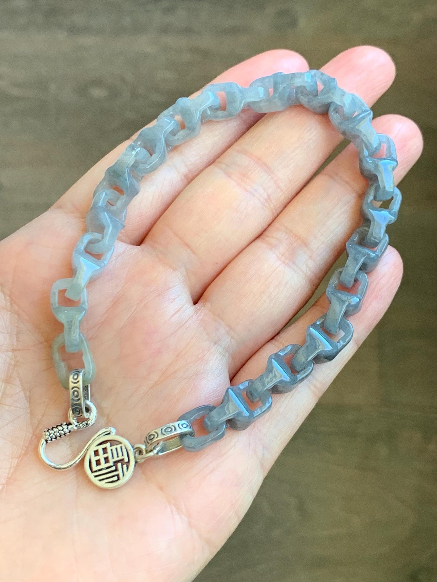 Certified Natural Grade A Icy Translucent Wuji Jadeite Interlocking Dragon Bone Link Chain Bracelet Sterling Silver 8.5” 天然冰胶乌鸡翡翠龙骨链手链 9468