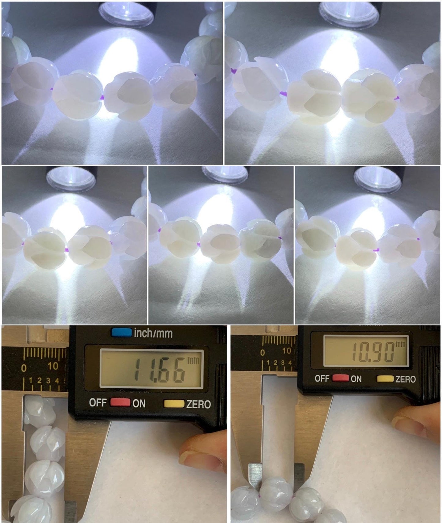 Natural Grade A Icy Translucent White Jadeite w/ Pastel Purple Undertone Lotus Flower beads Beaded Bracelet 7” 11.5mm 天然细糯白冰翡翠莲花珠手串 DZLH284