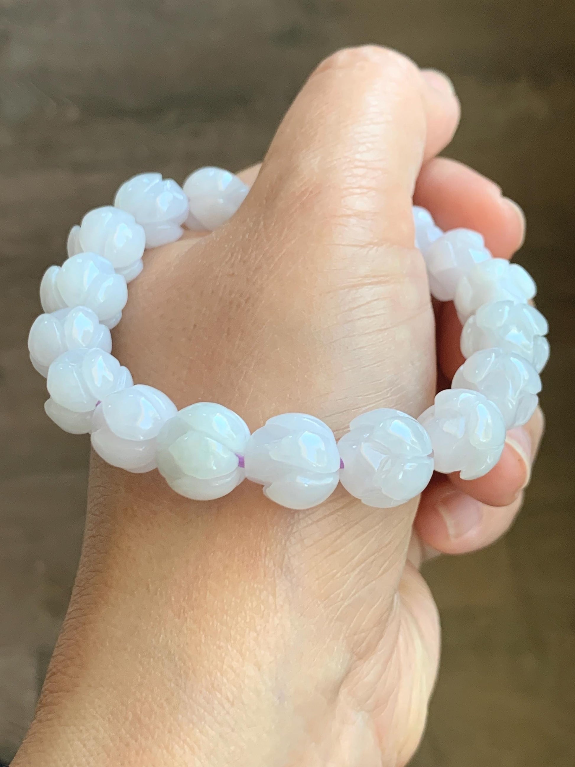 Natural Grade A Icy Translucent White Jadeite w/ Pastel Purple Undertone Lotus Flower beads Beaded Bracelet 7” 11.5mm 天然细糯白冰翡翠莲花珠手串 DZLH284
