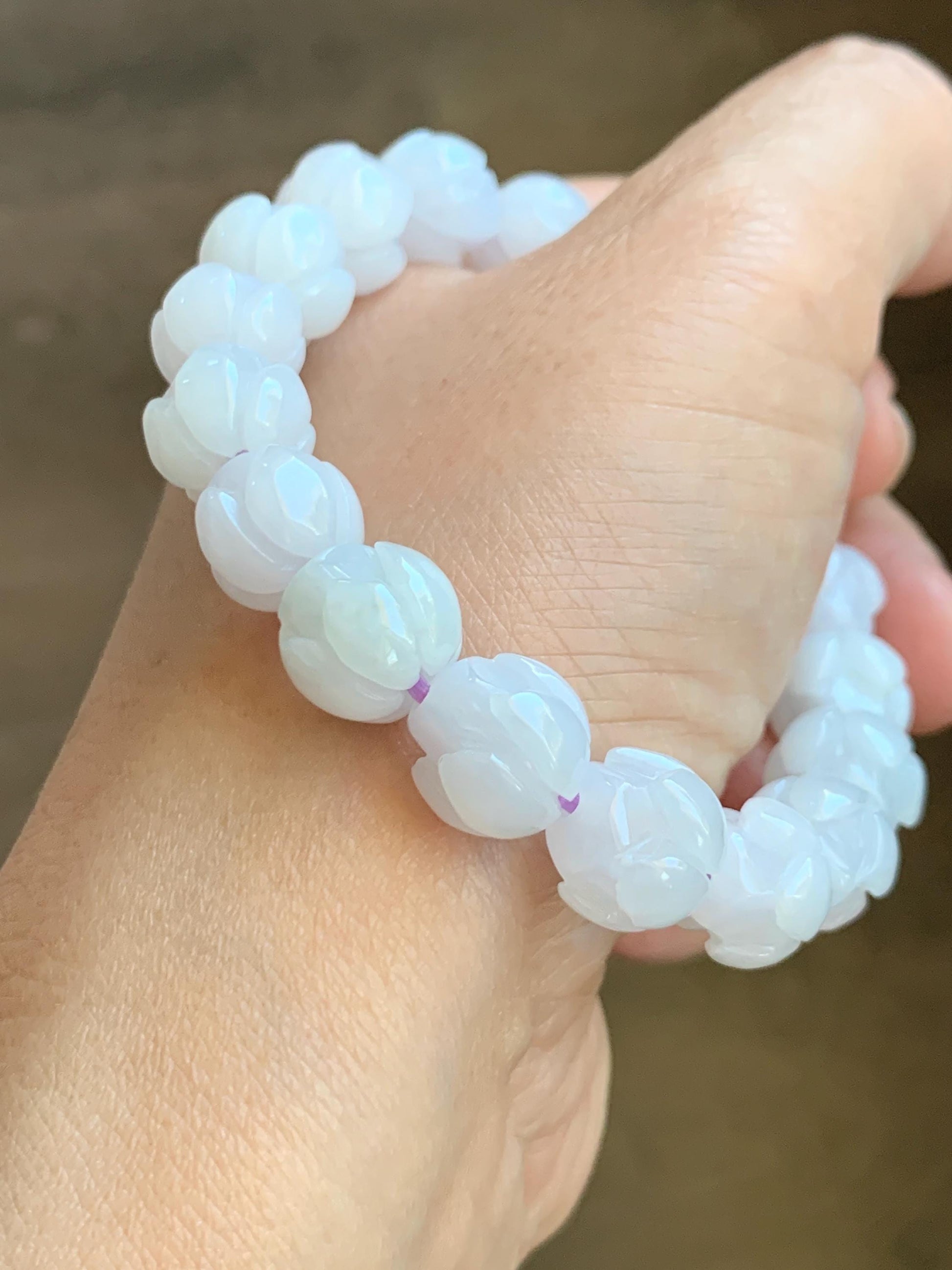 Natural Grade A Icy Translucent White Jadeite w/ Pastel Purple Undertone Lotus Flower beads Beaded Bracelet 7” 11.5mm 天然细糯白冰翡翠莲花珠手串 DZLH284
