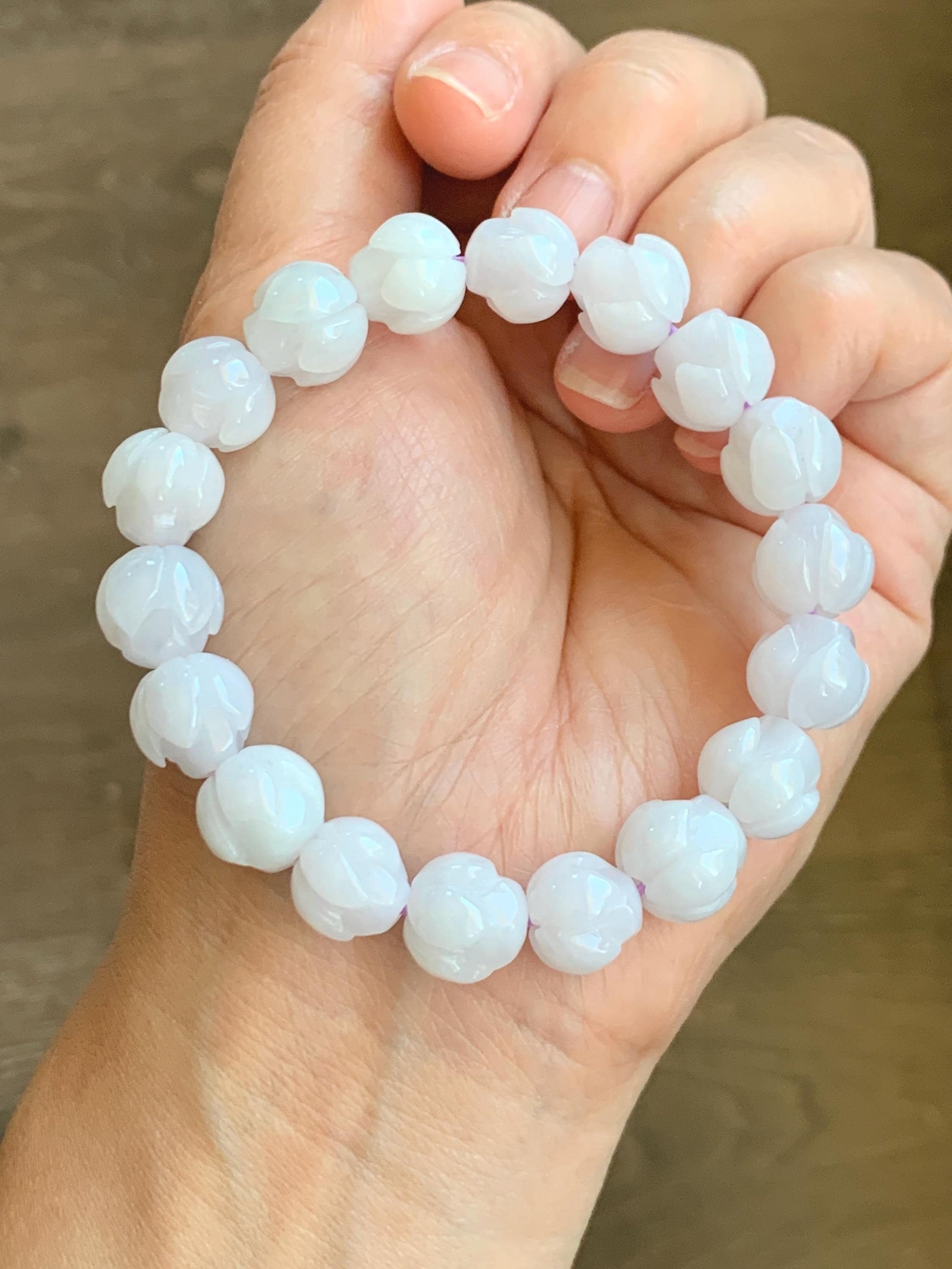 Natural Grade A Icy Translucent White Jadeite w/ Pastel Purple Undertone Lotus Flower beads Beaded Bracelet 7” 11.5mm 天然细糯白冰翡翠莲花珠手串 DZLH284