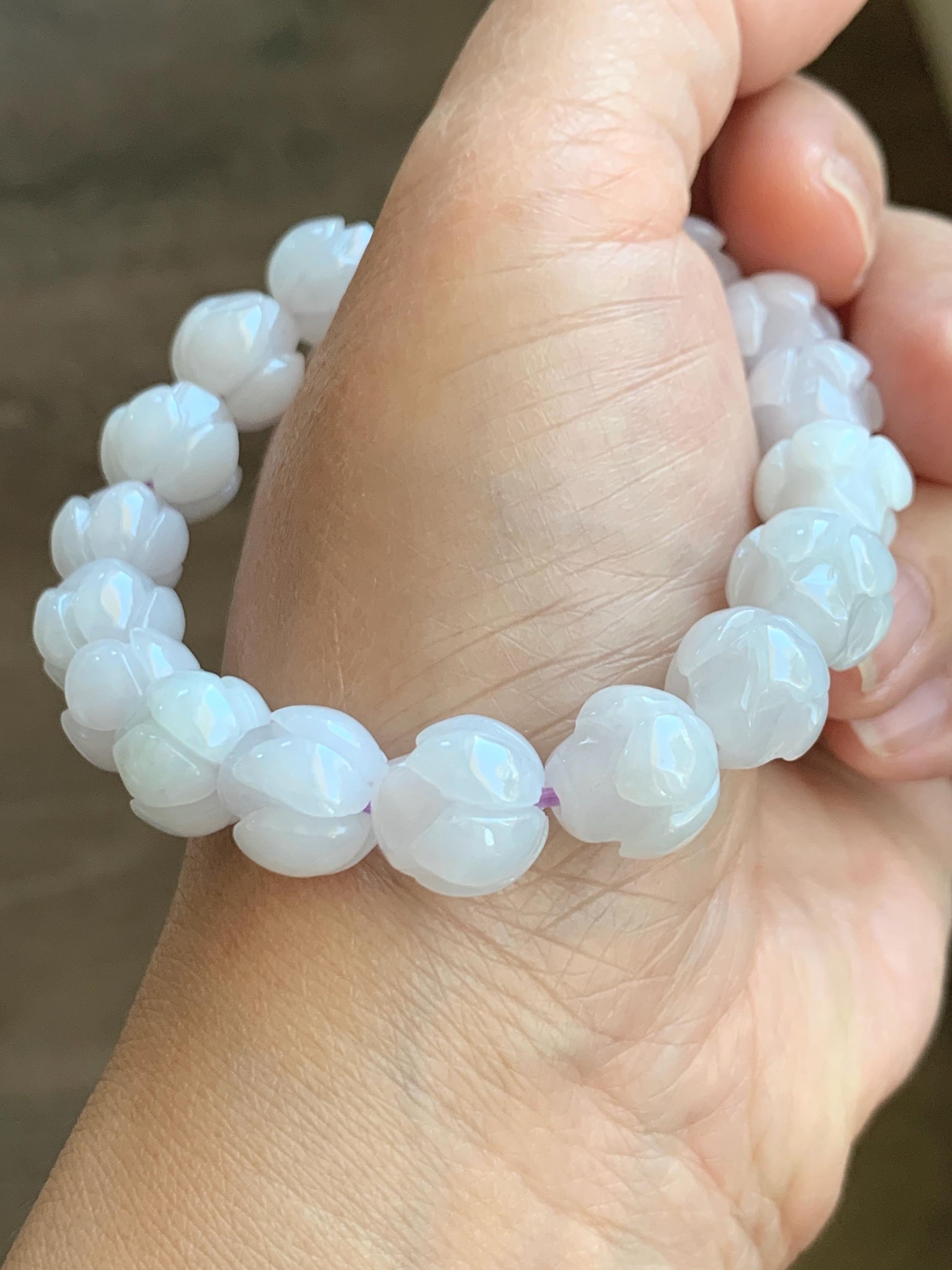 Natural Grade A Icy Translucent White Jadeite w/ Pastel Purple Undertone Lotus Flower beads Beaded Bracelet 7” 11.5mm 天然细糯白冰翡翠莲花珠手串 DZLH284