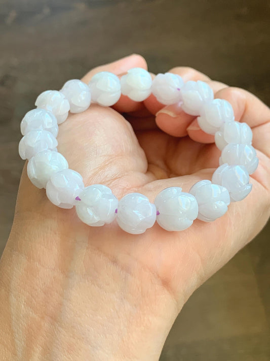 Natural Grade A Icy Translucent White Jadeite w/ Pastel Purple Undertone Lotus Flower beads Beaded Bracelet 7” 11.5mm 天然细糯白冰翡翠莲花珠手串 DZLH284