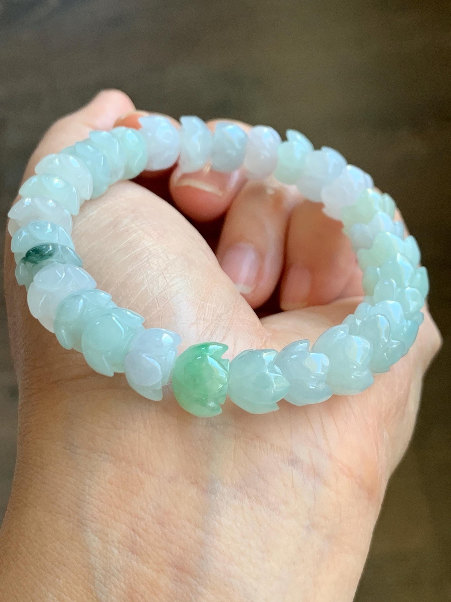 Natural Grade A Icy Translucent Gelatinous Multicolored Jadeite Lotus Flower Beads Beaded Bracelet 10.5mm 7.25” 36g 天然冰胶多宝马卡龙翡翠莲花珠手串 DBLH22