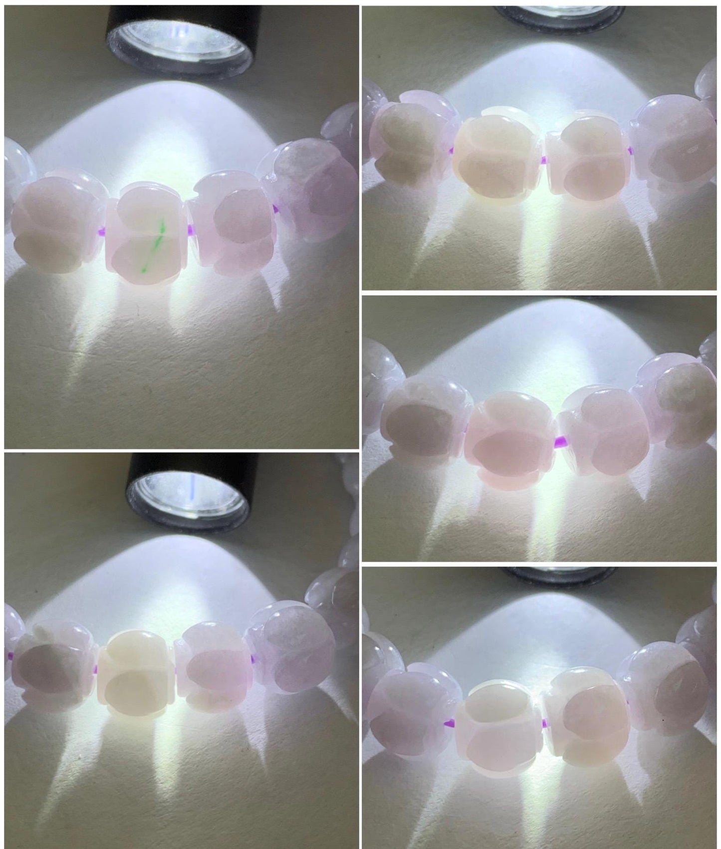 Natural Grade A Icy Translucent White Jadeite w/ Pastel Purple Undertone Lotus Flower beads Beaded Bracelet 6.75” 天然糯冰淡紫底翡翠莲花珠手串 DZLH370A