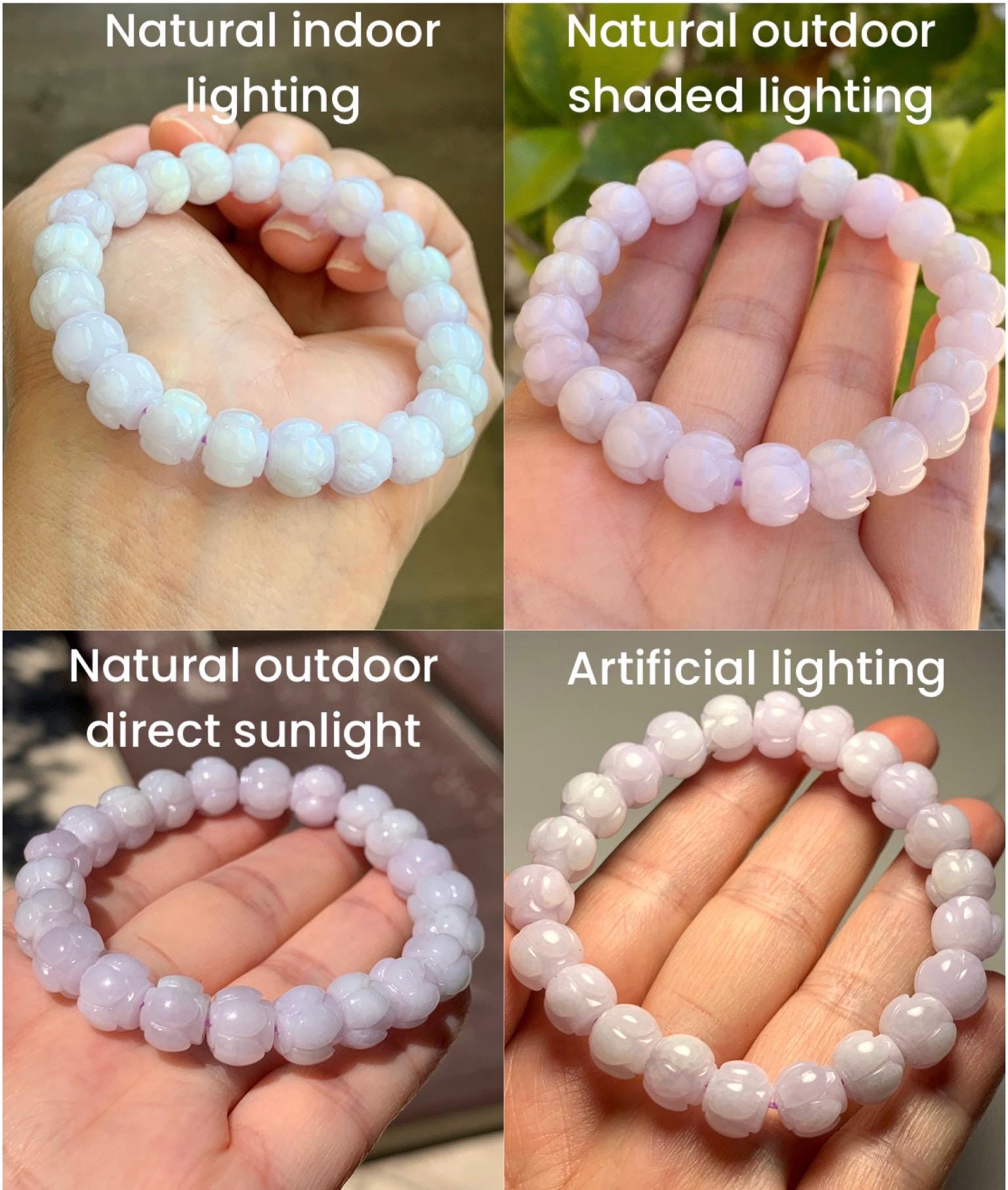 Natural Grade A Icy Translucent White Jadeite w/ Pastel Purple Undertone Lotus Flower beads Beaded Bracelet 6.75” 天然糯冰淡紫底翡翠莲花珠手串 DZLH370A