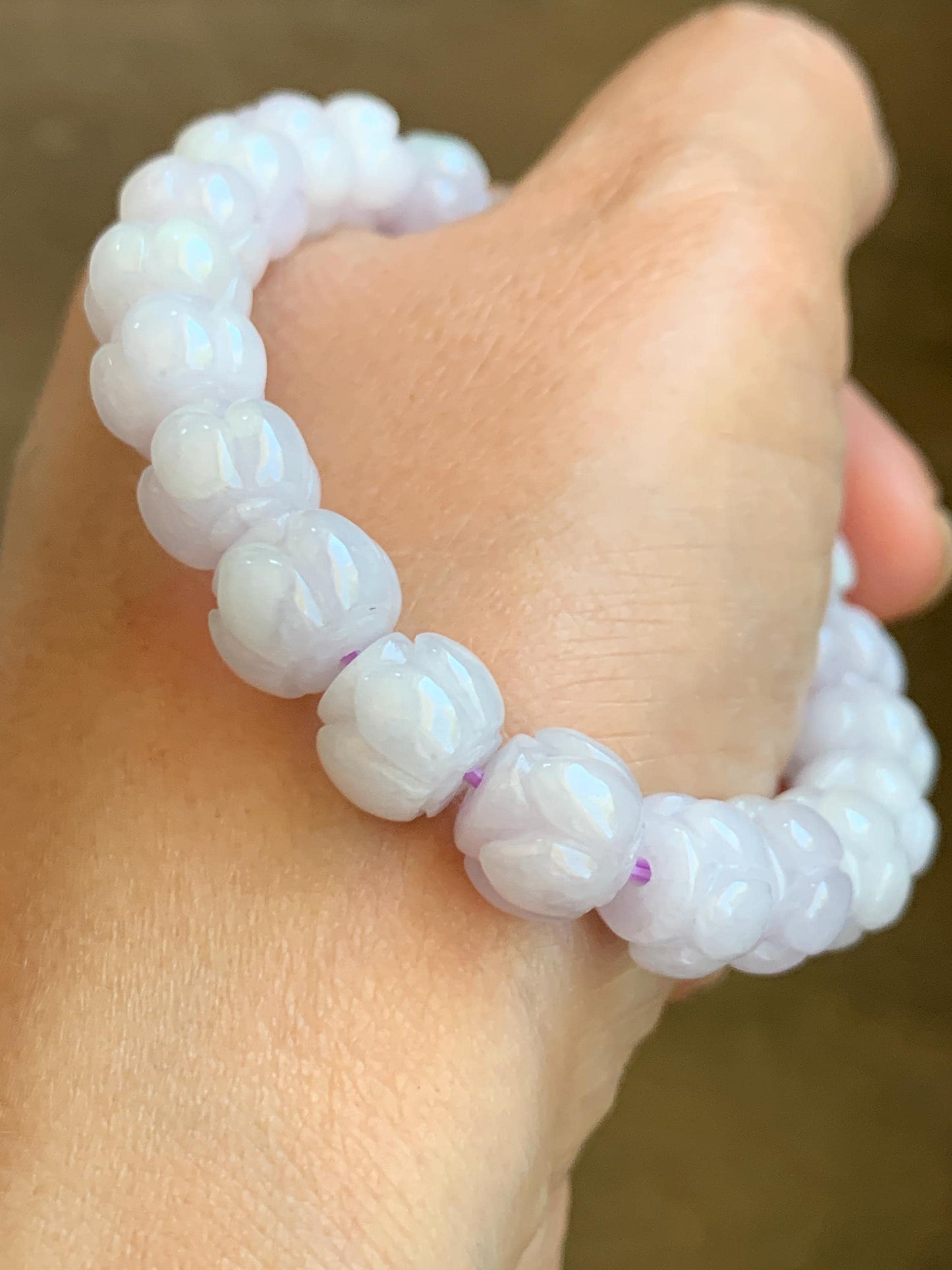 Natural Grade A Icy Translucent White Jadeite w/ Pastel Purple Undertone Lotus Flower beads Beaded Bracelet 6.75” 天然糯冰淡紫底翡翠莲花珠手串 DZLH370A