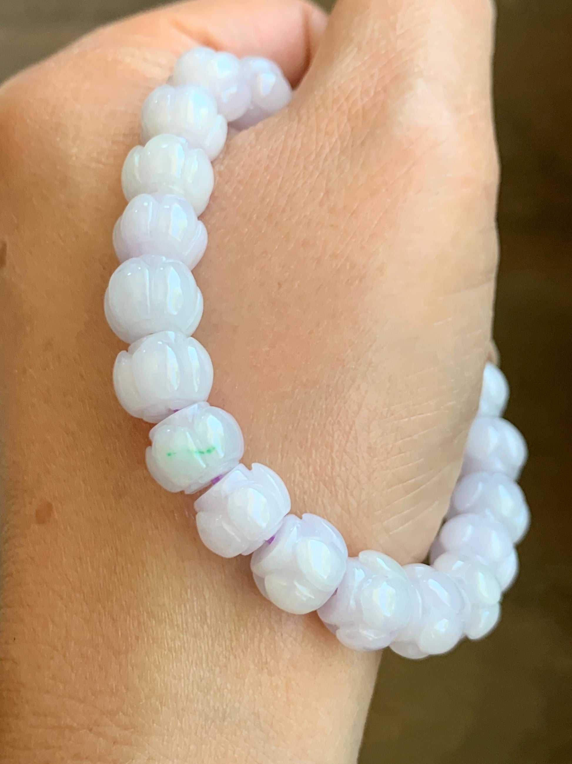 Natural Grade A Icy Translucent White Jadeite w/ Pastel Purple Undertone Lotus Flower beads Beaded Bracelet 6.75” 天然糯冰淡紫底翡翠莲花珠手串 DZLH370A