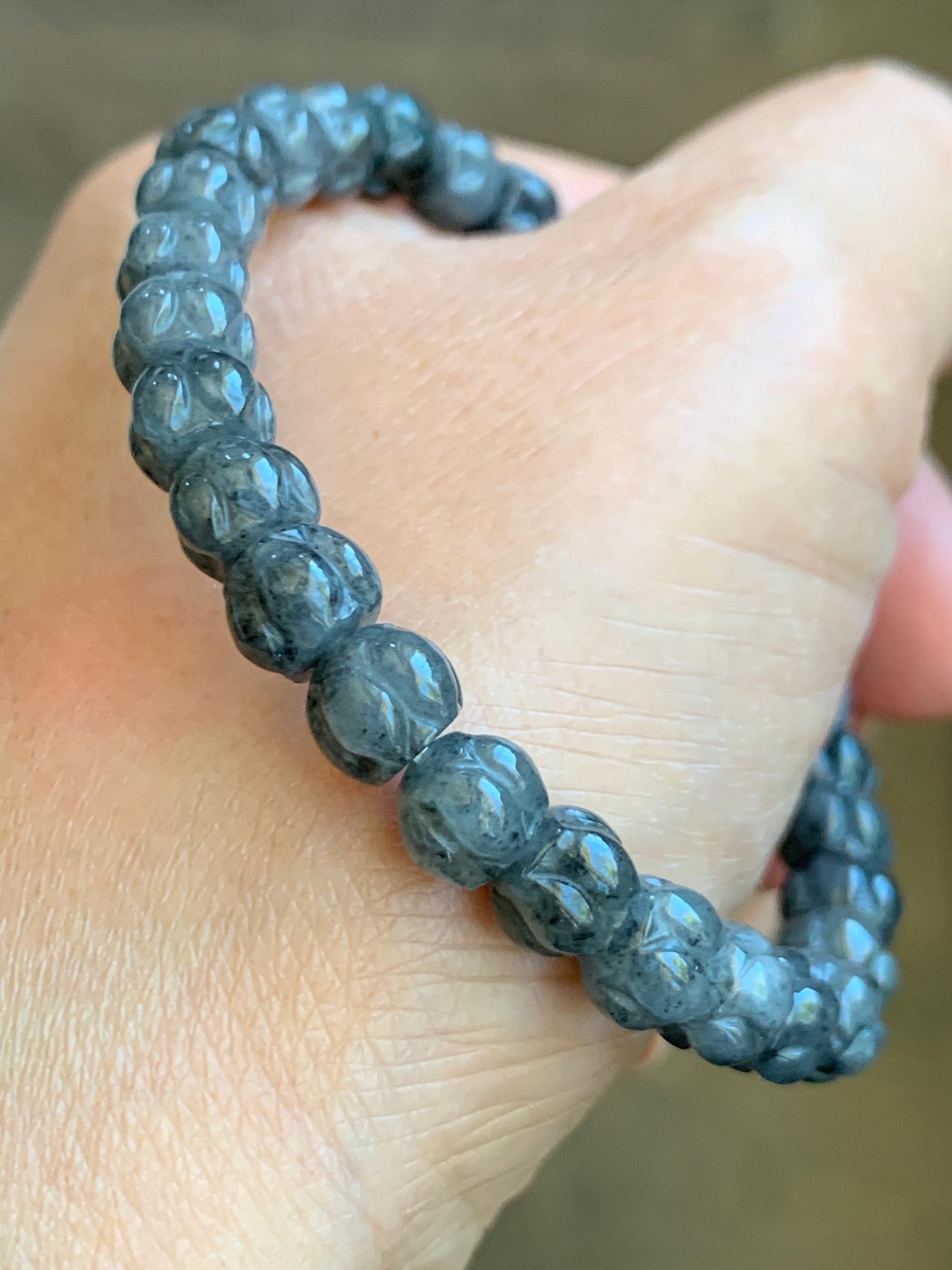 Natural Grade A Icy Translucent Gelatinous Wuji Jadeite Carved Lotus Flower Beads Beaded Bracelet 6.75” 15g 天然冰乌鸡翡翠莲花珠手串 WJLH360B