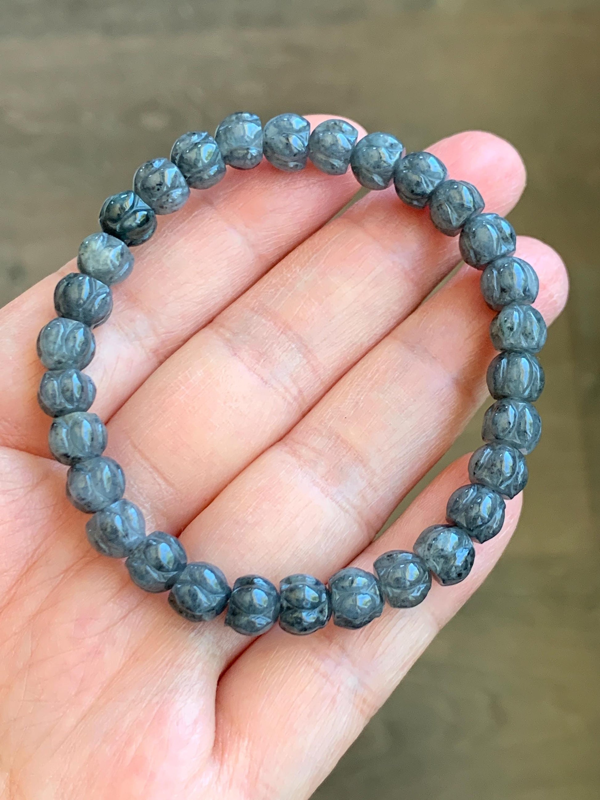 Natural Grade A Icy Translucent Gelatinous Wuji Jadeite Carved Lotus Flower Beads Beaded Bracelet 6.75” 15g 天然冰乌鸡翡翠莲花珠手串 WJLH360B