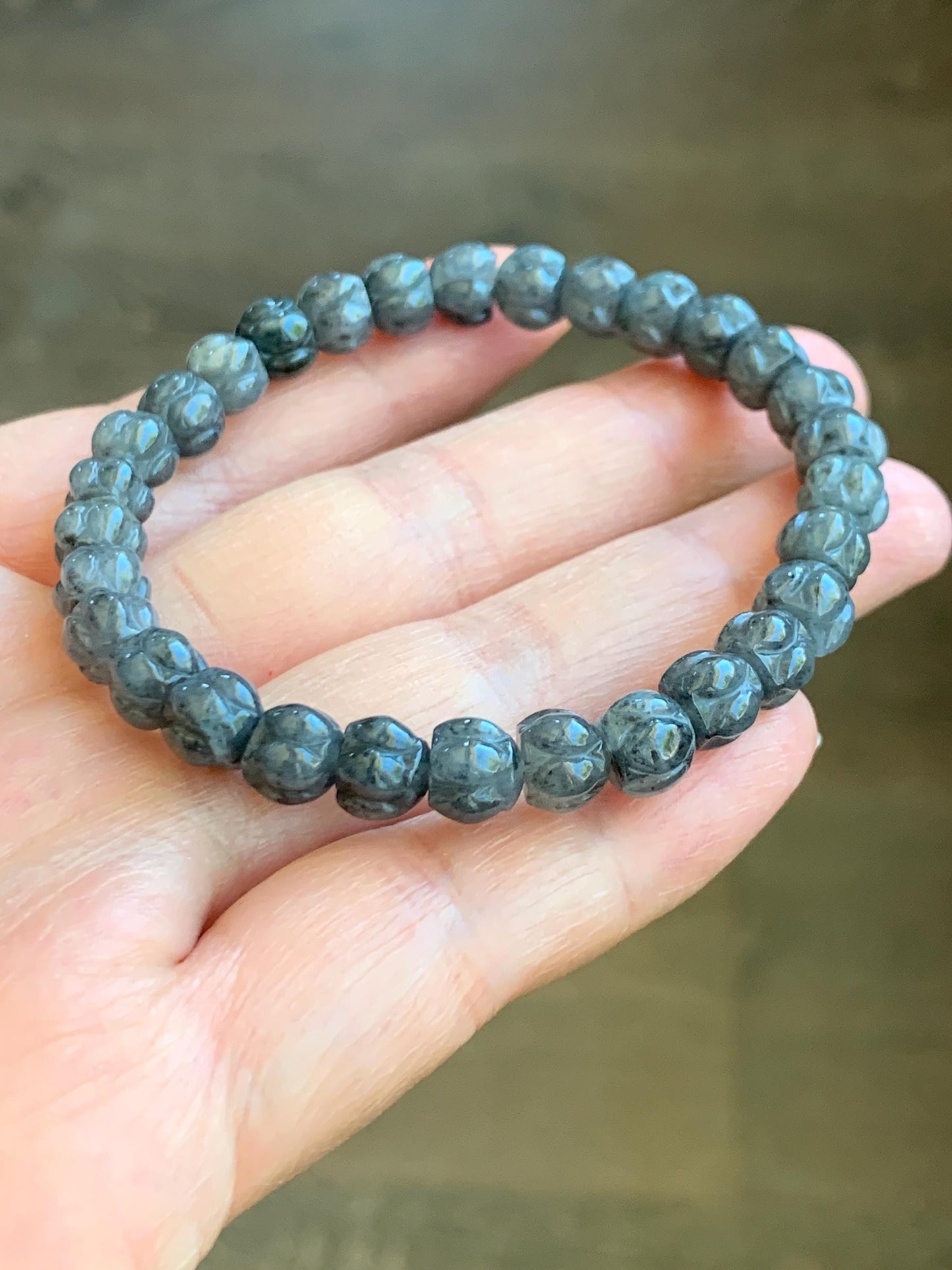Natural Grade A Icy Translucent Gelatinous Wuji Jadeite Carved Lotus Flower Beads Beaded Bracelet 6.75” 15g 天然冰乌鸡翡翠莲花珠手串 WJLH360B