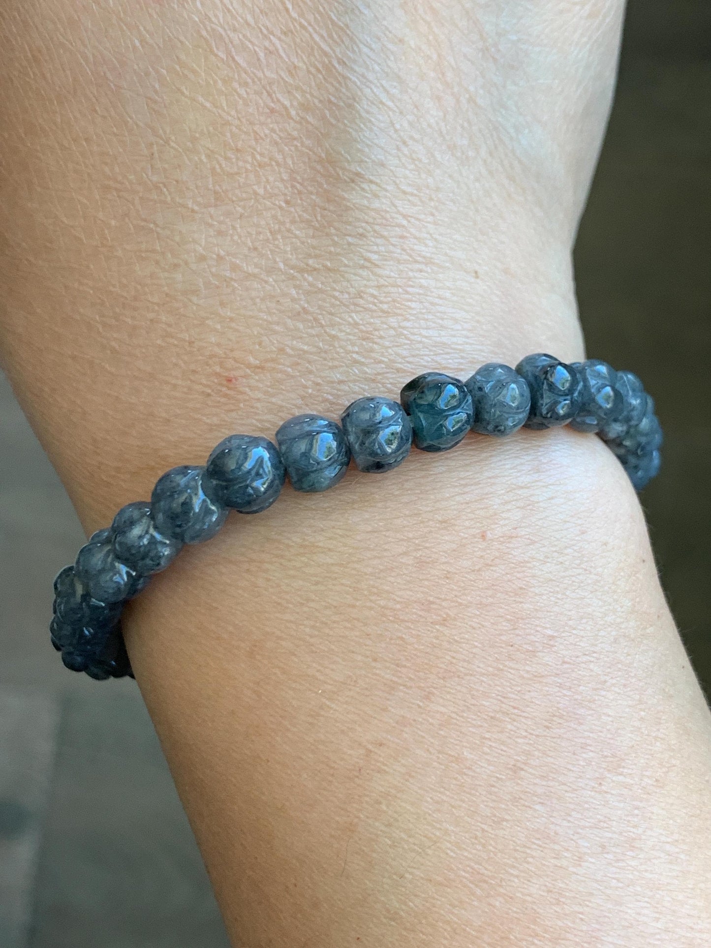 Natural Grade A Icy Translucent Gelatinous Wuji Jadeite Carved Lotus Flower Beads Beaded Bracelet 6.75” 15g 天然冰乌鸡翡翠莲花珠手串 WJLH360B