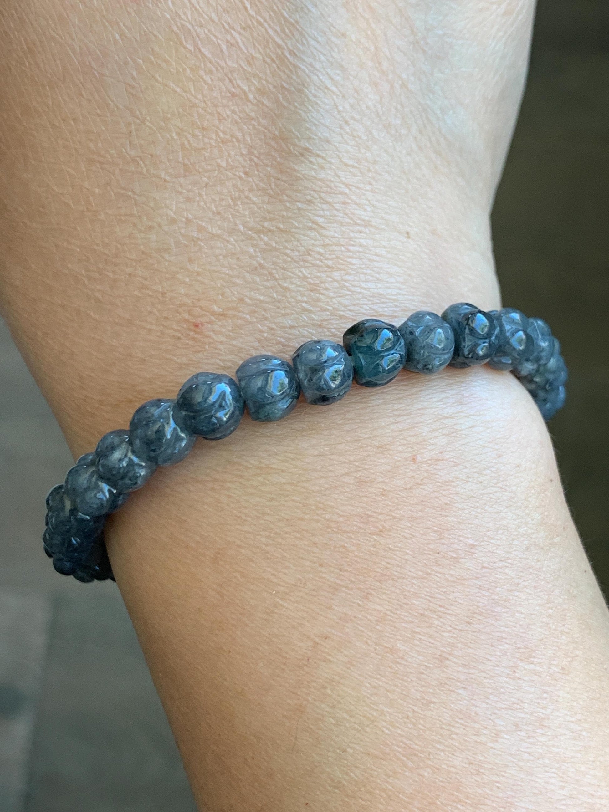 Natural Grade A Icy Translucent Gelatinous Wuji Jadeite Carved Lotus Flower Beads Beaded Bracelet 6.75” 15g 天然冰乌鸡翡翠莲花珠手串 WJLH360B