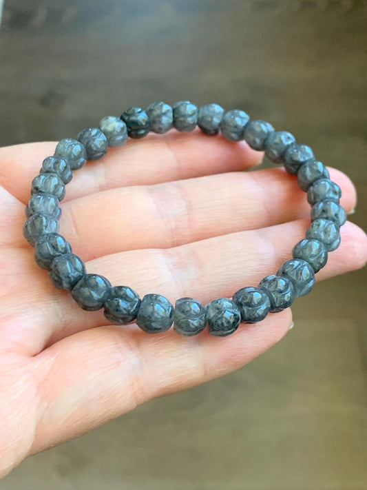 Natural Grade A Icy Translucent Gelatinous Wuji Jadeite Carved Lotus Flower Beads Beaded Bracelet 6.75” 15g 天然冰乌鸡翡翠莲花珠手串 WJLH360B