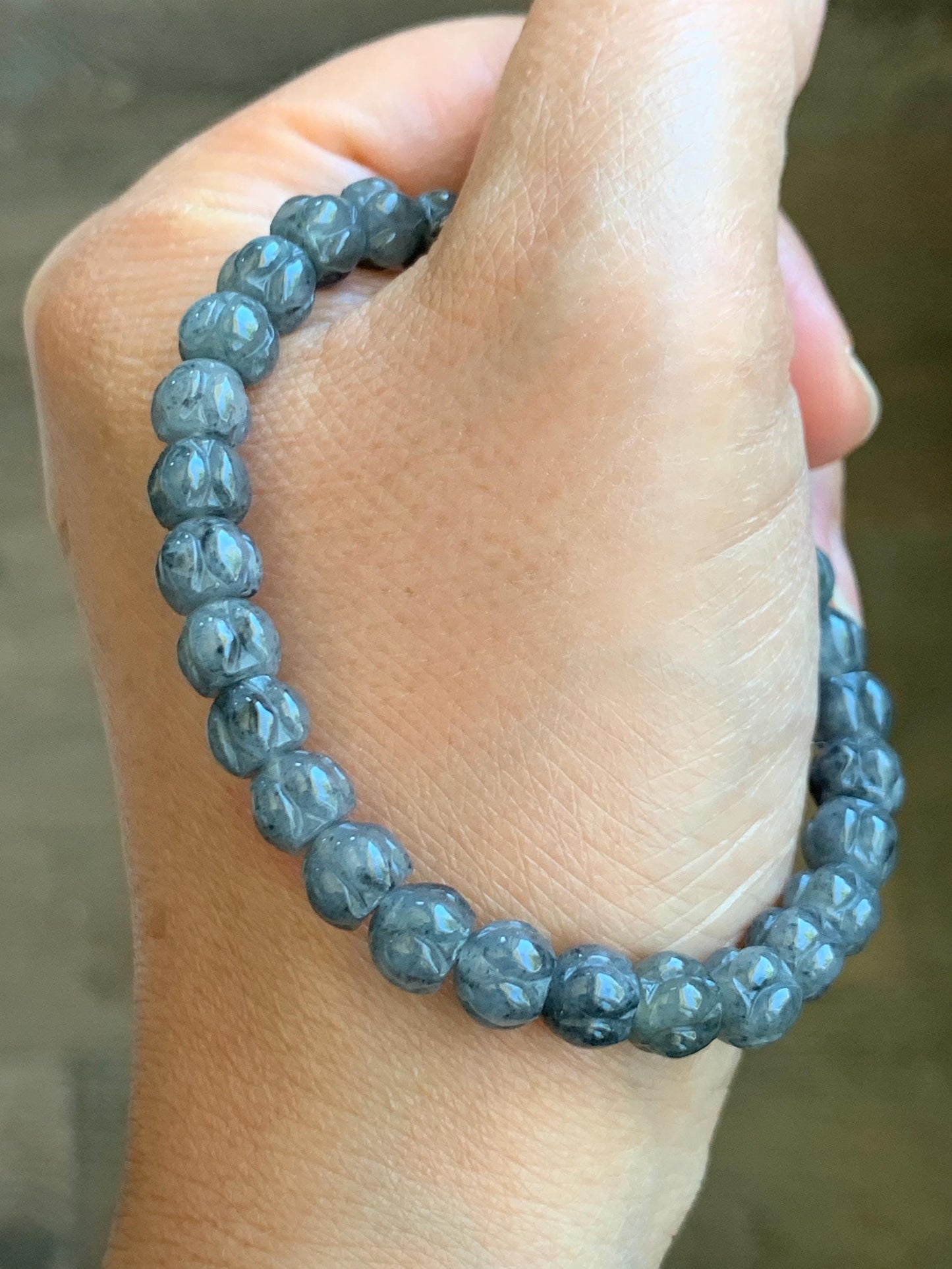 Natural Grade A Icy Translucent Gelatinous Wuji Jadeite Carved Lotus Flower Beads Beaded Bracelet 6.75” 15g 天然冰乌鸡翡翠莲花珠手串 WJLH360A