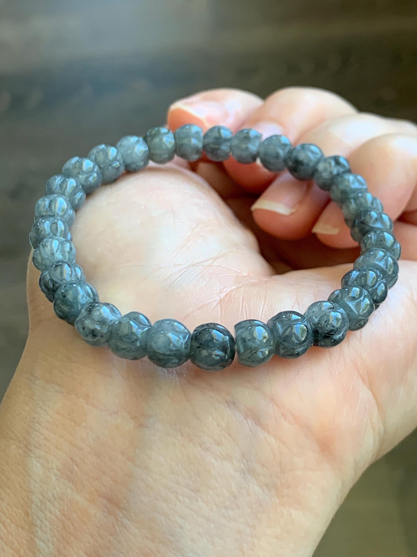Natural Grade A Icy Translucent Gelatinous Wuji Jadeite Carved Lotus Flower Beads Beaded Bracelet 6.75” 15g 天然冰乌鸡翡翠莲花珠手串 WJLH360A