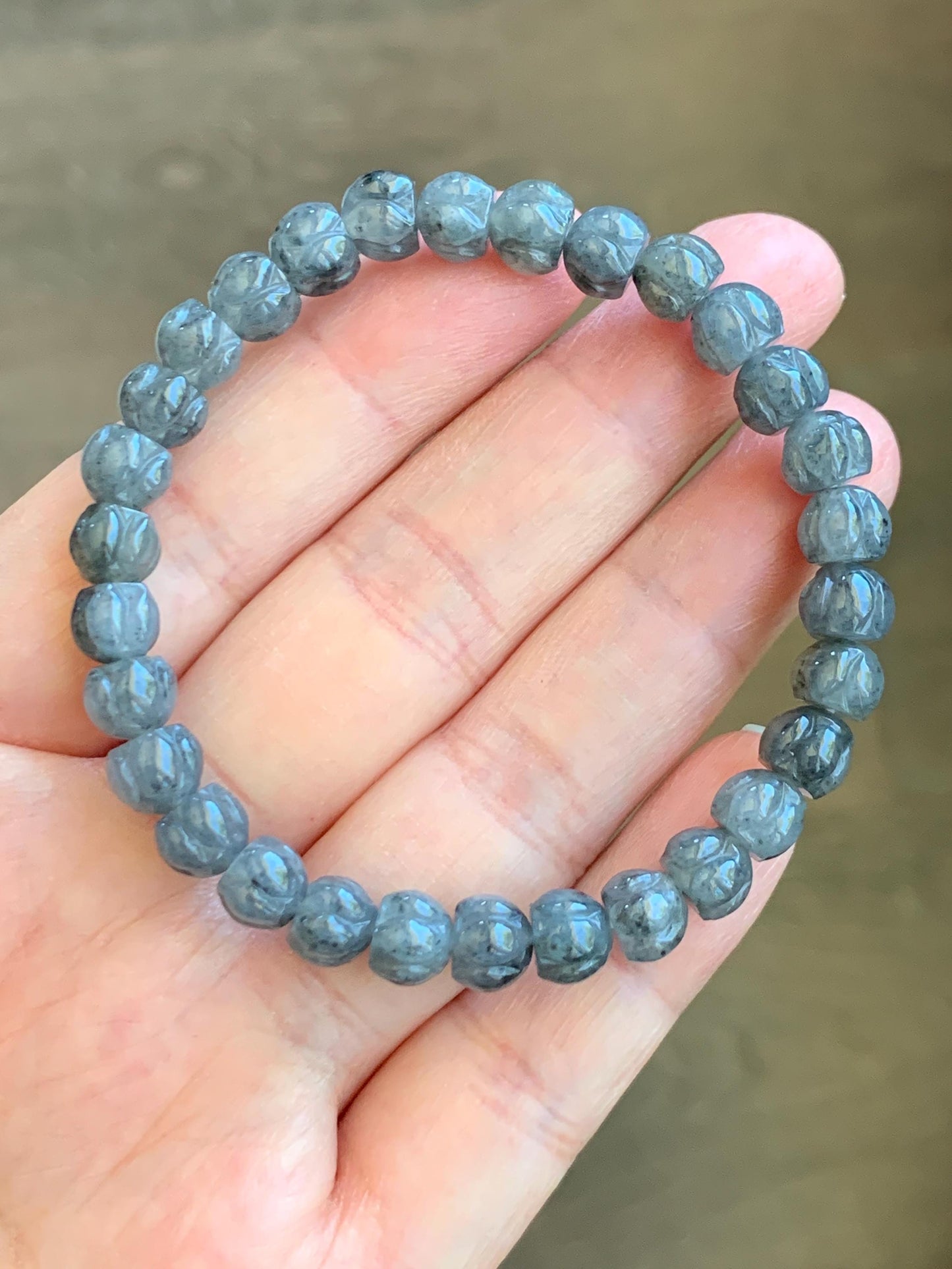 Natural Grade A Icy Translucent Gelatinous Wuji Jadeite Carved Lotus Flower Beads Beaded Bracelet 6.75” 15g 天然冰乌鸡翡翠莲花珠手串 WJLH360A