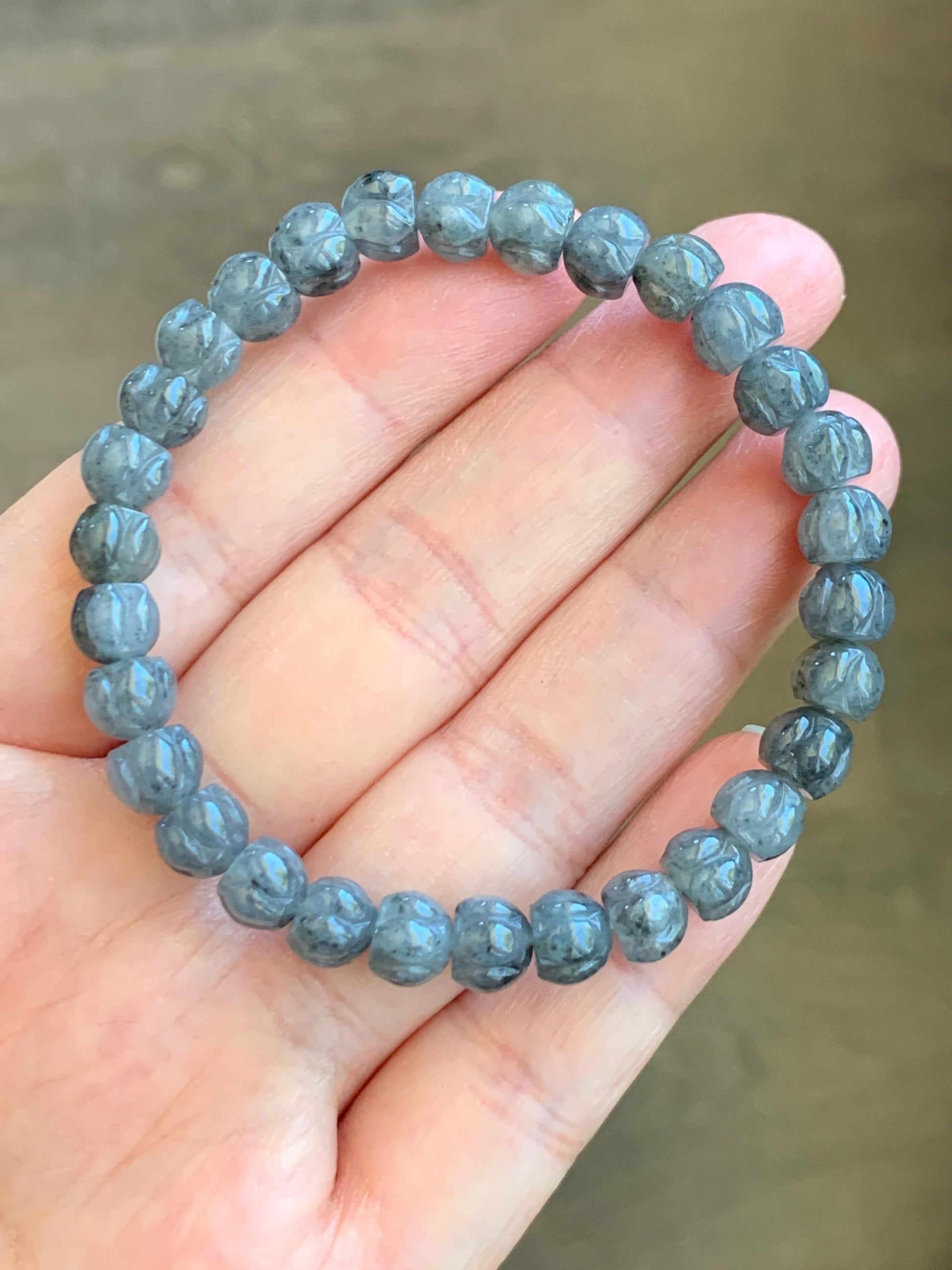Natural Grade A Icy Translucent Gelatinous Wuji Jadeite Carved Lotus Flower Beads Beaded Bracelet 6.75” 15g 天然冰乌鸡翡翠莲花珠手串 WJLH360A