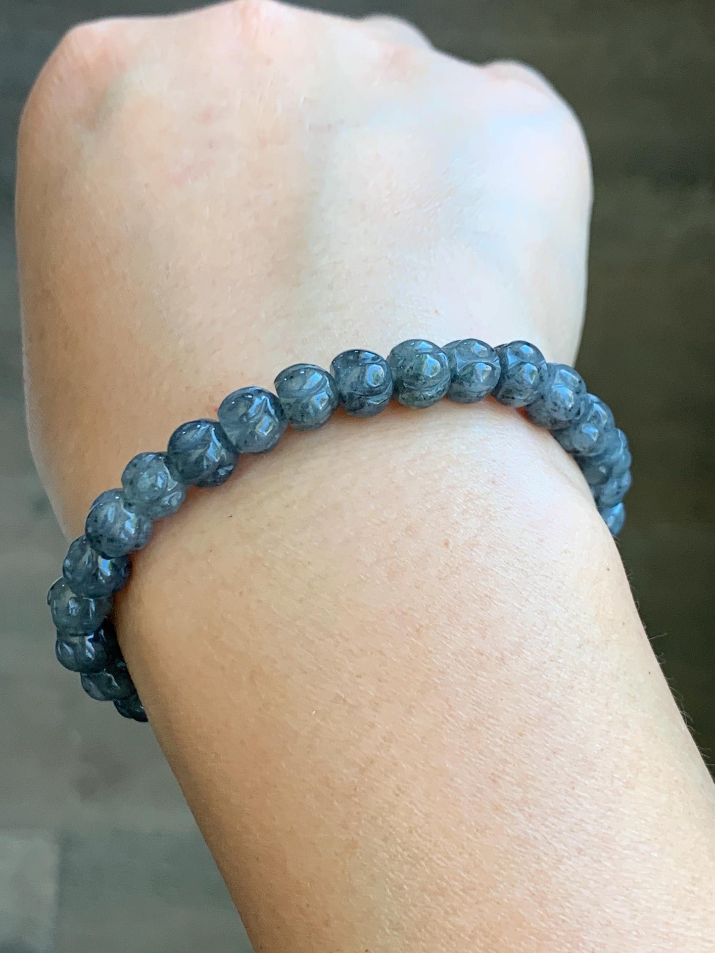 Natural Grade A Icy Translucent Gelatinous Wuji Jadeite Carved Lotus Flower Beads Beaded Bracelet 6.75” 15g 天然冰乌鸡翡翠莲花珠手串 WJLH360A