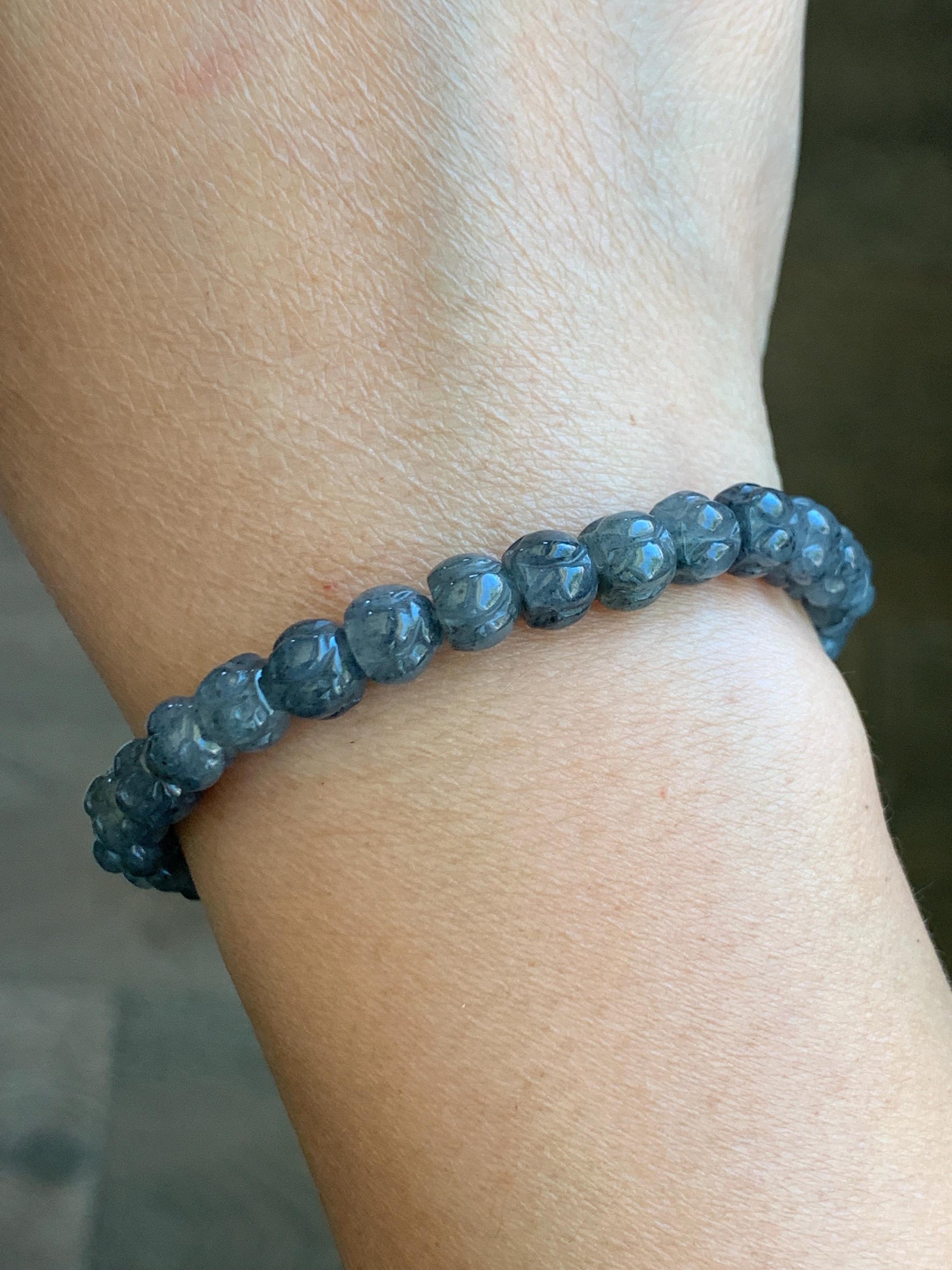 Natural Grade A Icy Translucent Gelatinous Wuji Jadeite Carved Lotus Flower Beads Beaded Bracelet 6.75” 15g 天然冰乌鸡翡翠莲花珠手串 WJLH360A