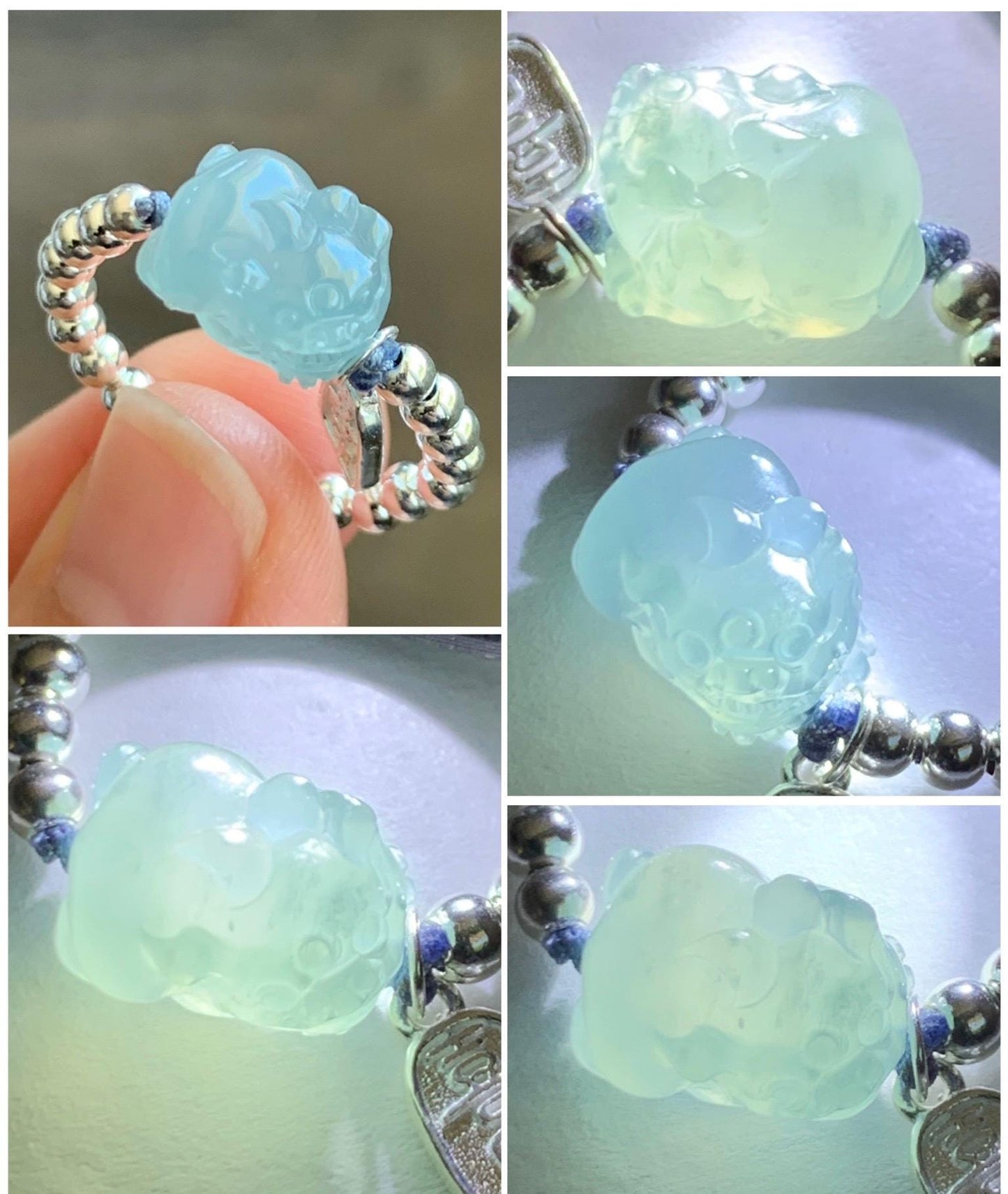 Natural Guatemalan Icy Highly Translucent Light Blue Jadeite Petite Pixiu Sterling Silver Beads Beaded Ring size 7 3g 天然冰危浅蓝翡翠小貔貅银珠戒圈 JGX172