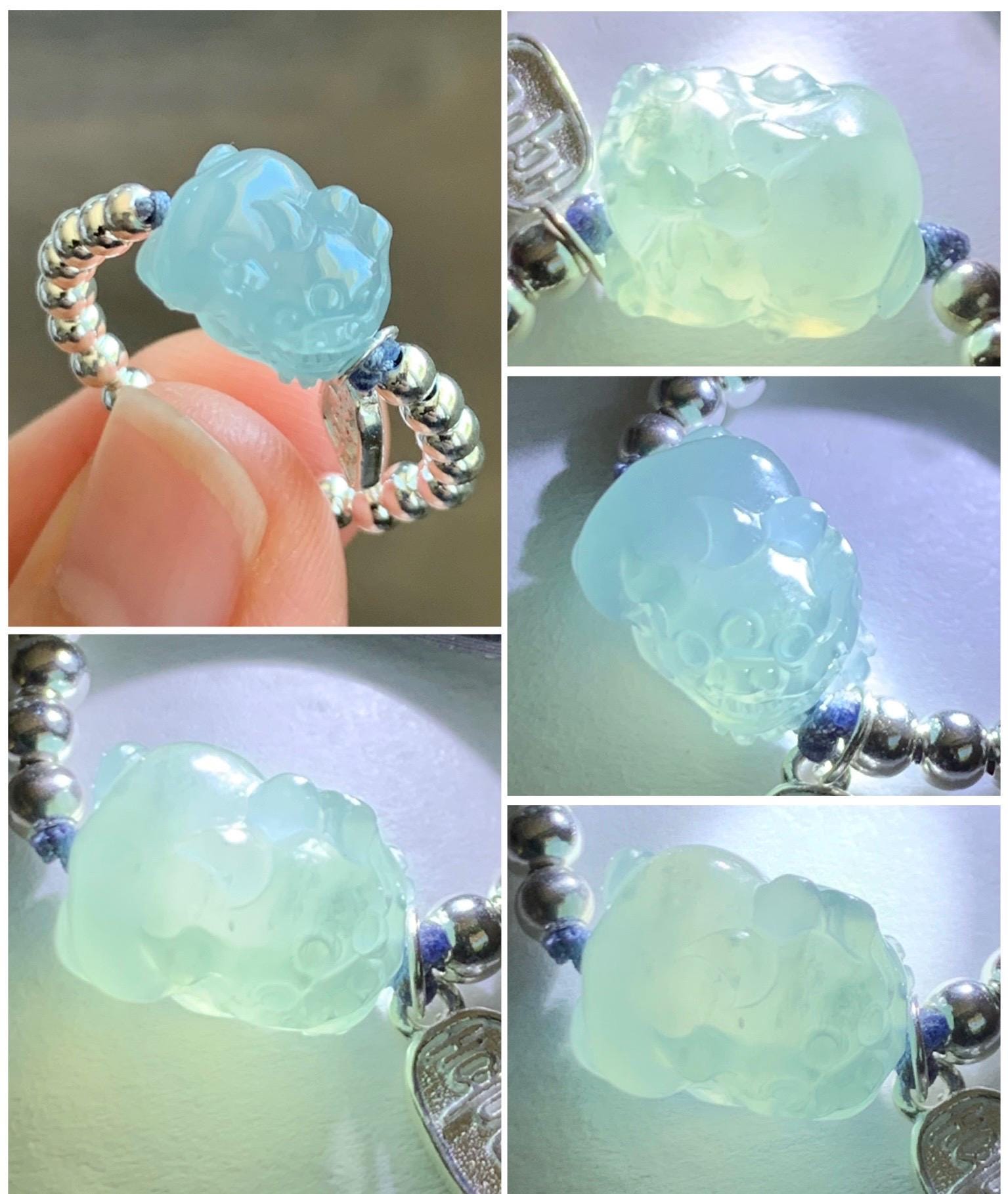 Natural Guatemalan Icy Highly Translucent Light Blue Jadeite Petite Pixiu Sterling Silver Beads Beaded Ring size 7 3g 天然冰危浅蓝翡翠小貔貅银珠戒圈 JGX172