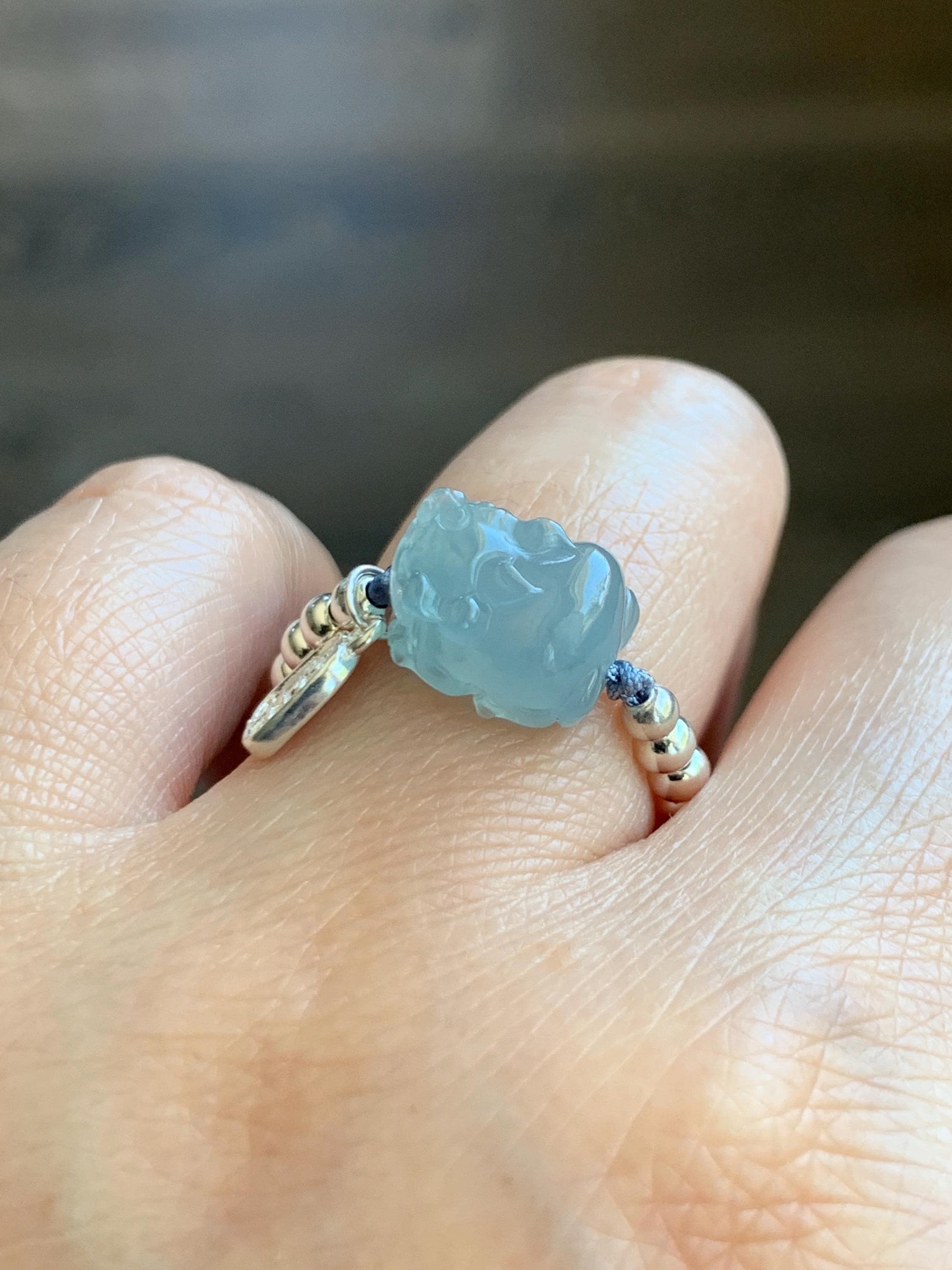 Natural Guatemalan Icy Highly Translucent Light Blue Jadeite Petite Pixiu Sterling Silver Beads Beaded Ring size 7 3g 天然冰危浅蓝翡翠小貔貅银珠戒圈 JGX172