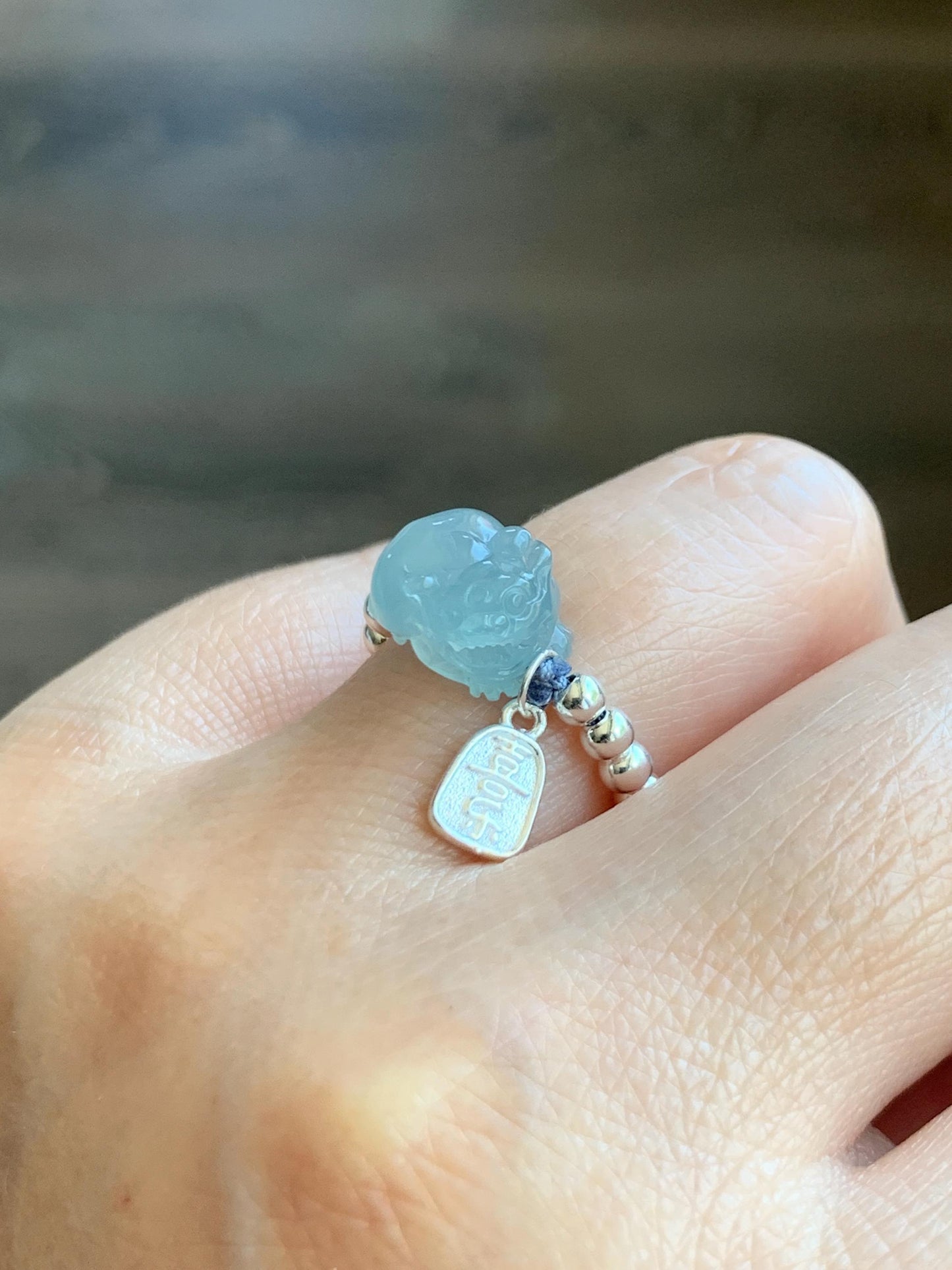 Natural Guatemalan Icy Highly Translucent Light Blue Jadeite Petite Pixiu Sterling Silver Beads Beaded Ring size 7 3g 天然冰危浅蓝翡翠小貔貅银珠戒圈 JGX172