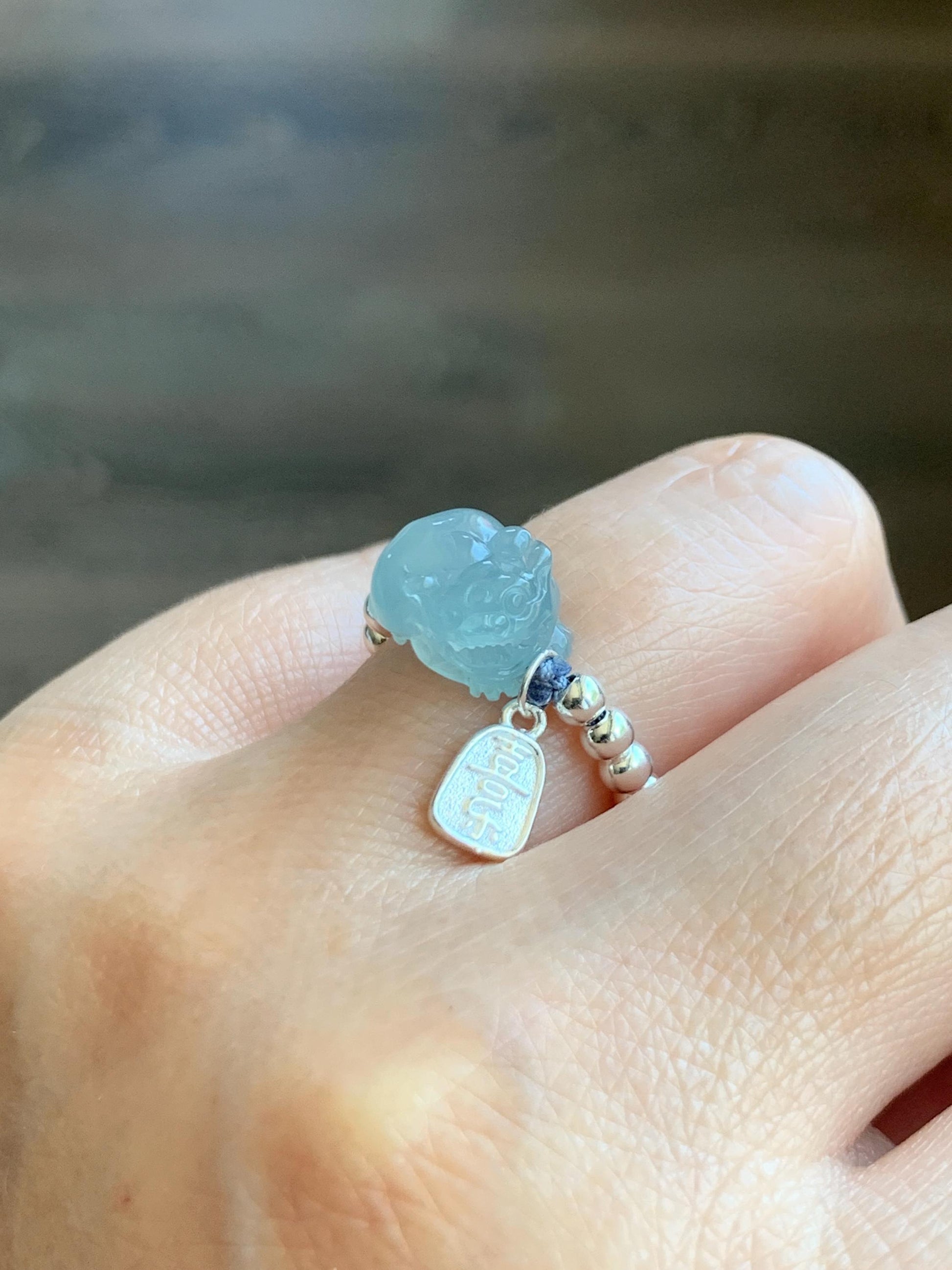 Natural Guatemalan Icy Highly Translucent Light Blue Jadeite Petite Pixiu Sterling Silver Beads Beaded Ring size 7 3g 天然冰危浅蓝翡翠小貔貅银珠戒圈 JGX172