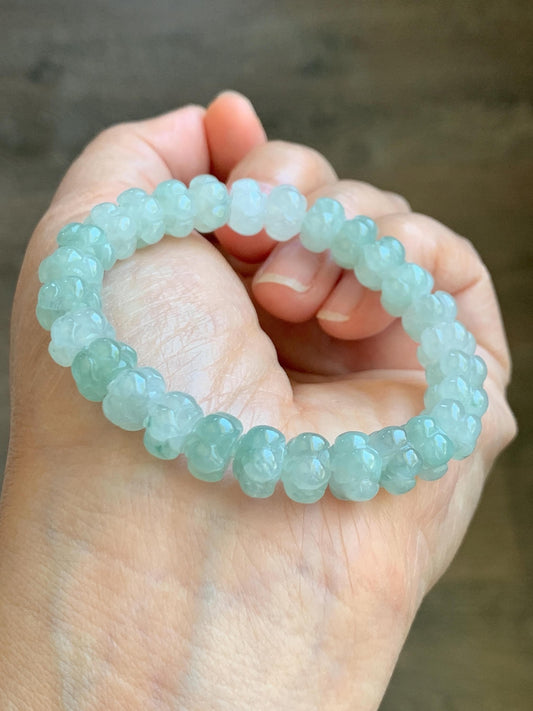 Certified Natural Icy Translucent Gelatinous Green Marbled Jadeite Lotus Flower Beads Beaded Bracelet 8.8mm 6” 21.7g 天然冰胶飘花翡翠莲花珠手串 9410