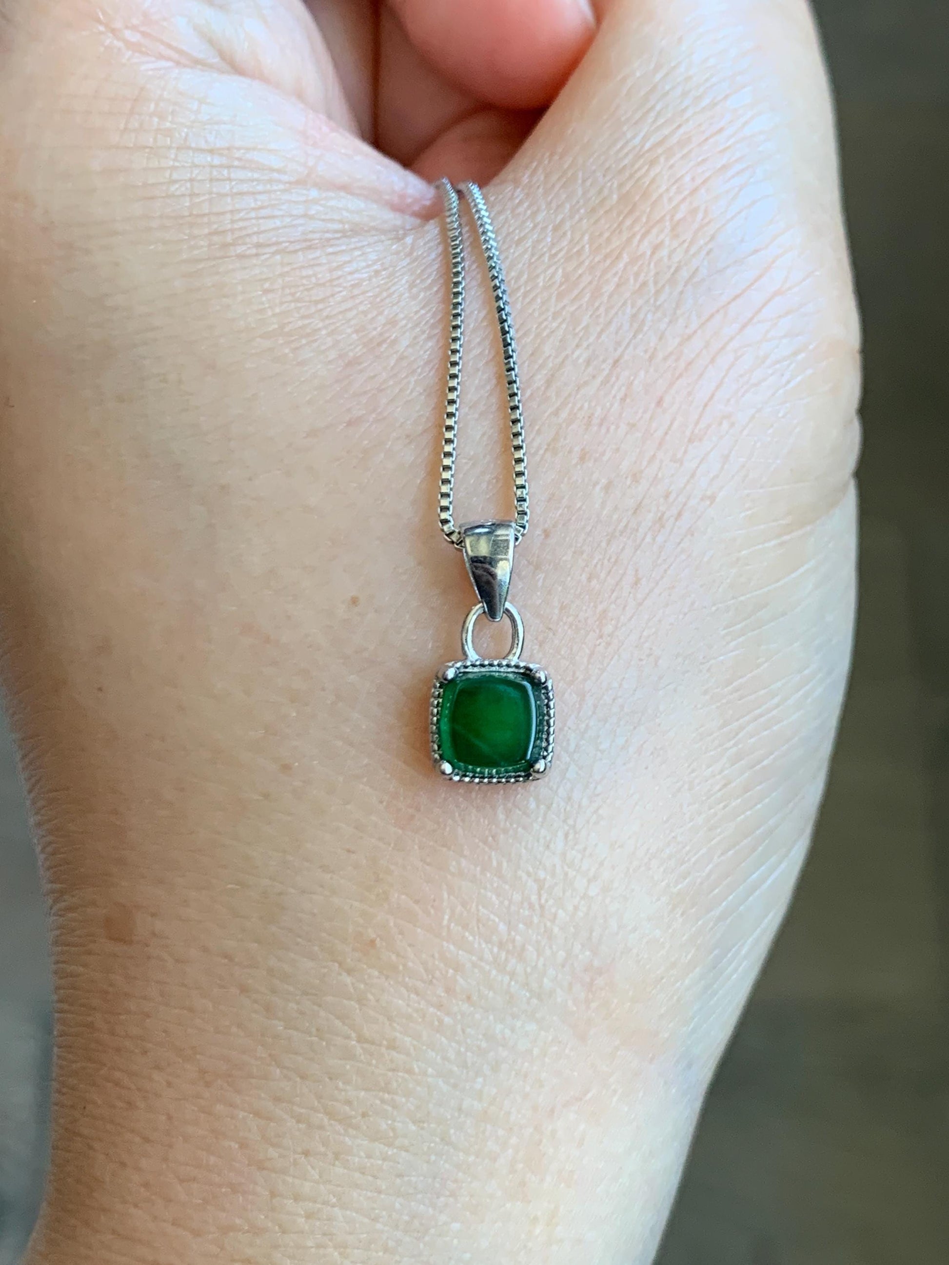 Natural Grade A Guatemalan Icy Highly Translucent Vibrant Green Jadeite Petite Square Pendant Sterling Silver 天然冰危绿翡翠方糖银镶吊坠 WLFT85