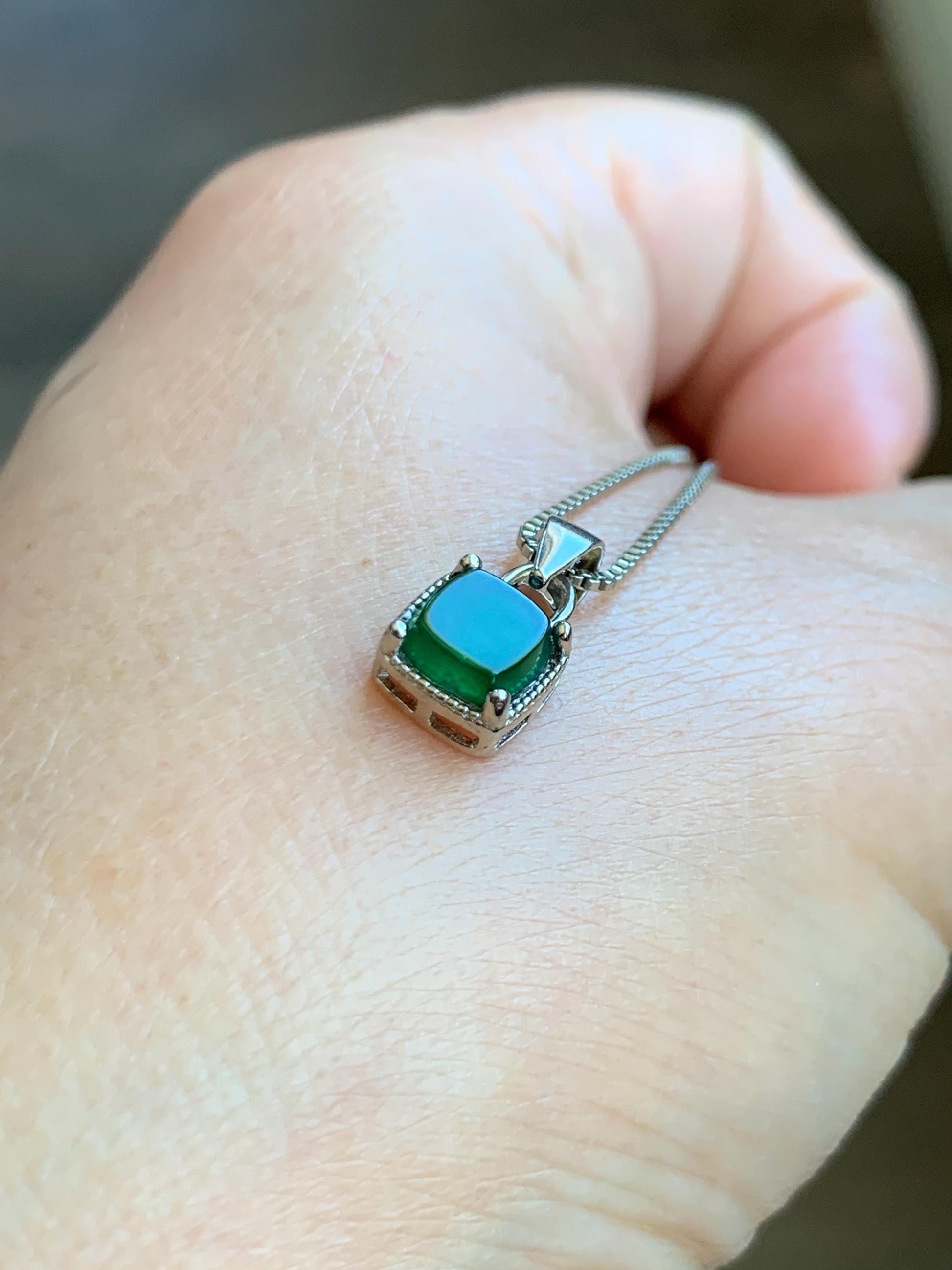 Natural Grade A Guatemalan Icy Highly Translucent Vibrant Green Jadeite Petite Square Pendant Sterling Silver 天然冰危绿翡翠方糖银镶吊坠 WLFT85