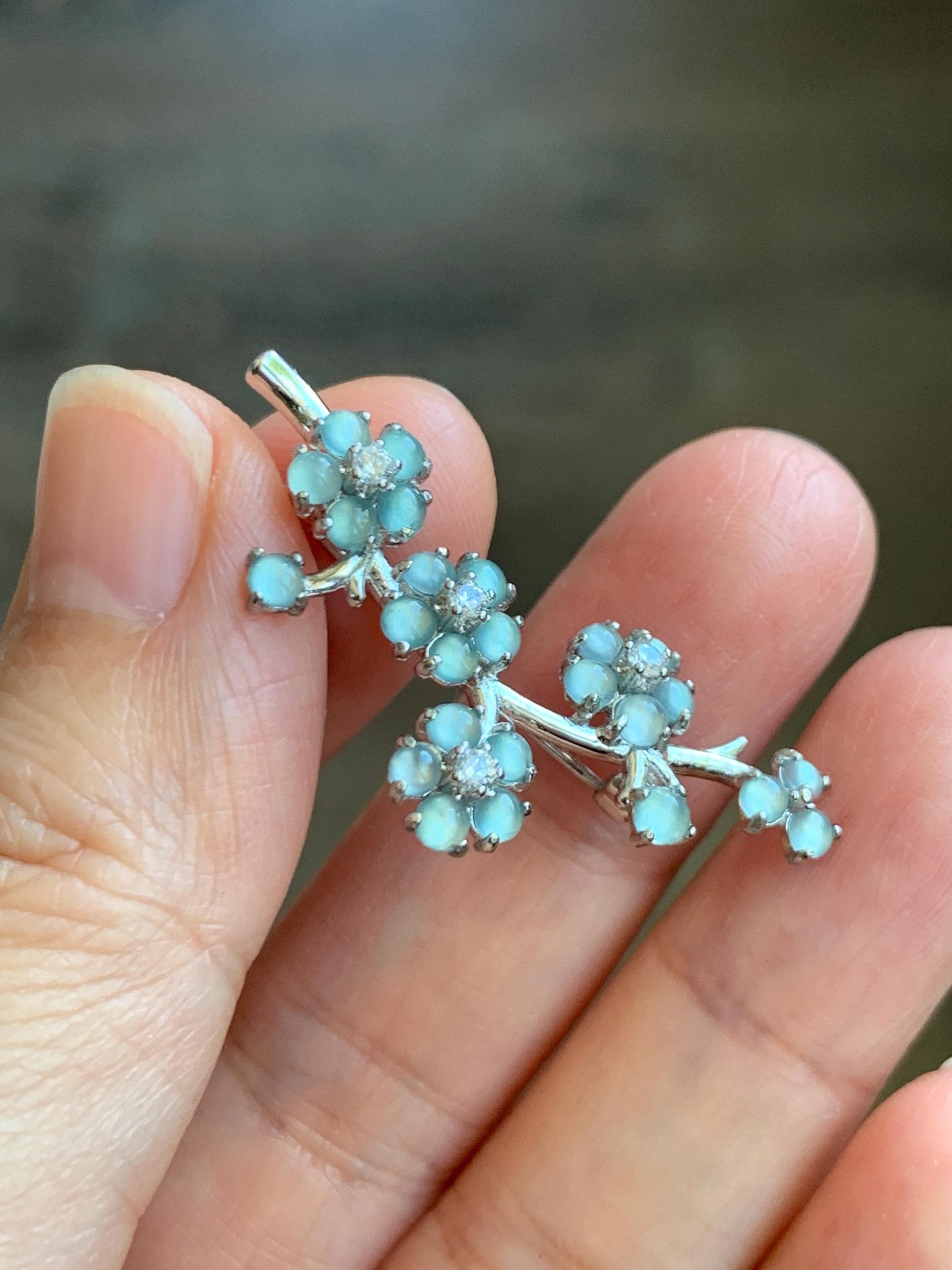 Certified Natural Guatemalan Icy Highly Translucent Light Blue Jadeite Cherry Blossom Brooch S925 Sterling Silver 天然冰危淡蓝起光翡翠银镶梅花枝胸针 3823
