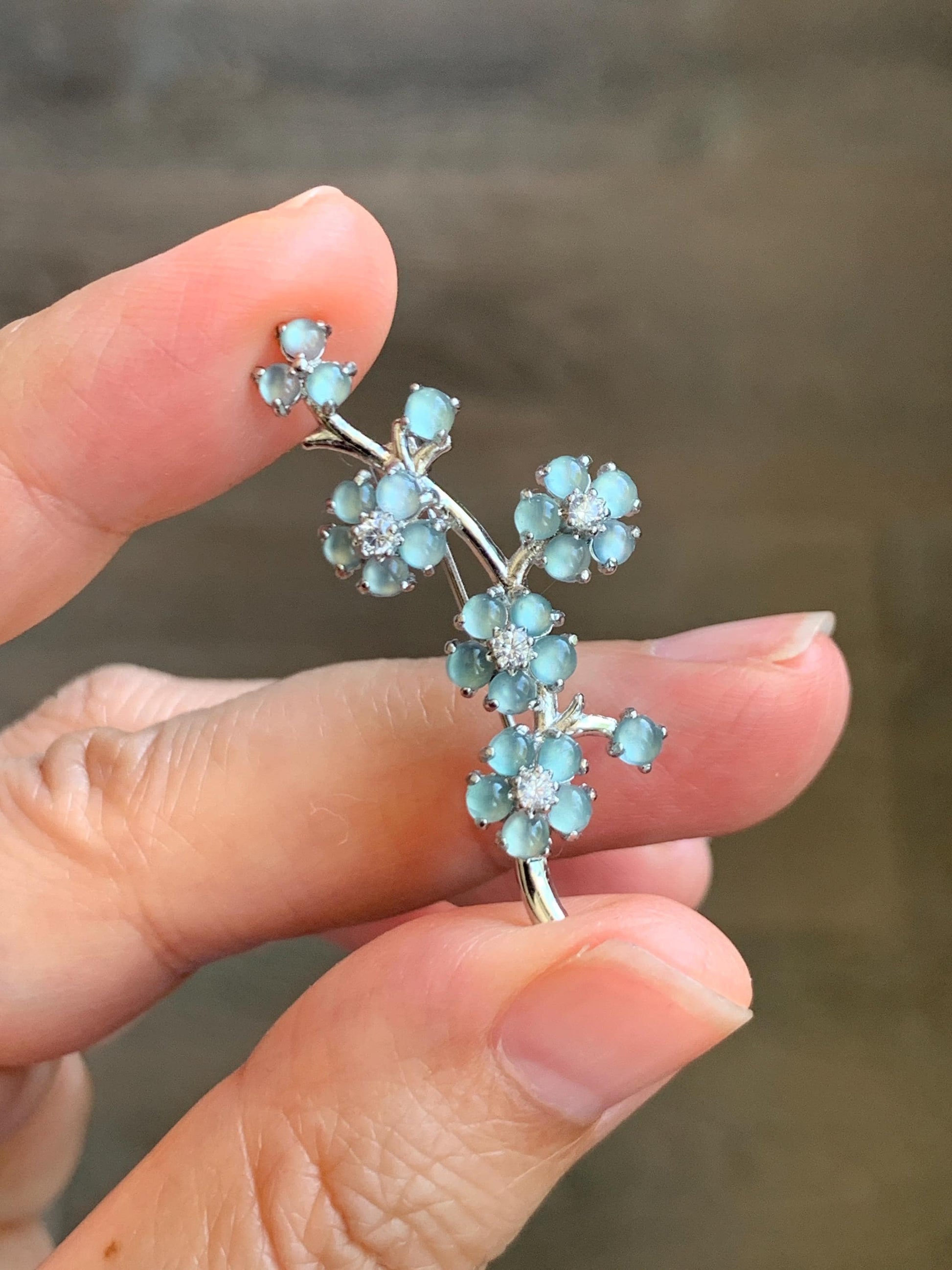 Certified Natural Guatemalan Icy Highly Translucent Light Blue Jadeite Cherry Blossom Brooch S925 Sterling Silver 天然冰危淡蓝起光翡翠银镶梅花枝胸针 3823