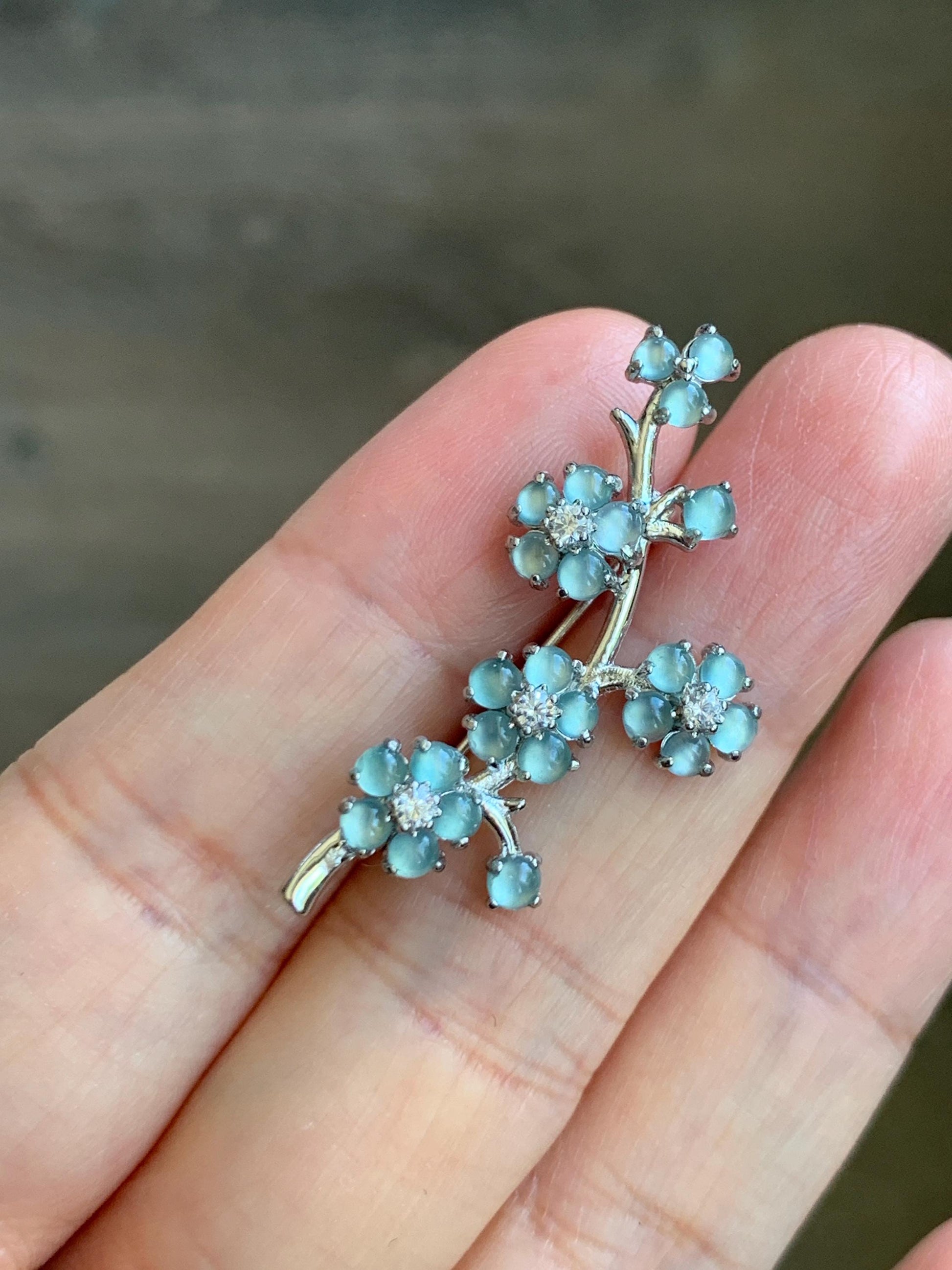 Certified Natural Guatemalan Icy Highly Translucent Light Blue Jadeite Cherry Blossom Brooch S925 Sterling Silver 天然冰危淡蓝起光翡翠银镶梅花枝胸针 3823