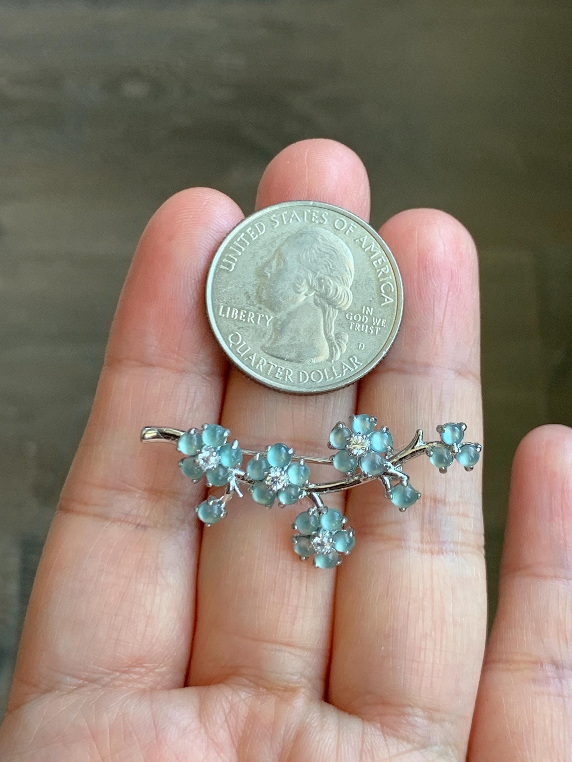 Certified Natural Guatemalan Icy Highly Translucent Light Blue Jadeite Cherry Blossom Brooch S925 Sterling Silver 天然冰危淡蓝起光翡翠银镶梅花枝胸针 3823