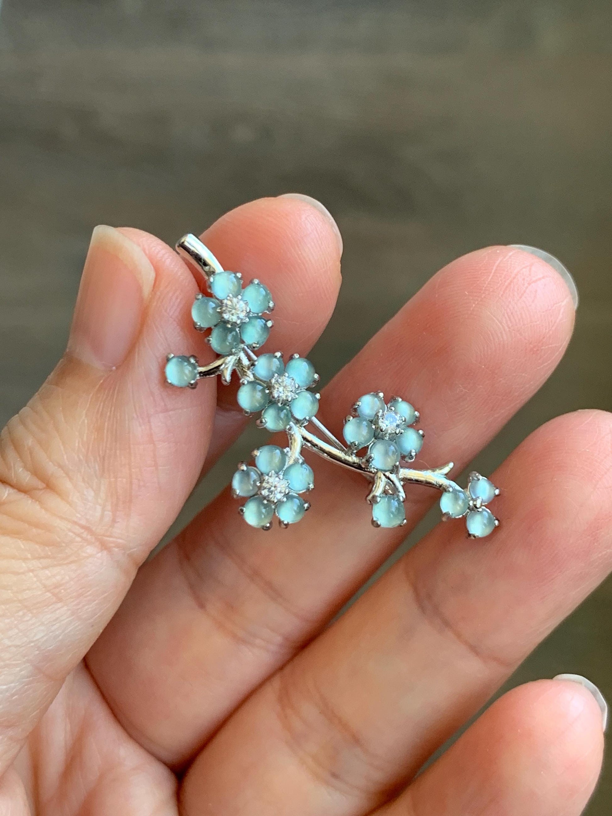 Certified Natural Guatemalan Icy Highly Translucent Light Blue Jadeite Cherry Blossom Brooch S925 Sterling Silver 天然冰危淡蓝起光翡翠银镶梅花枝胸针 3823