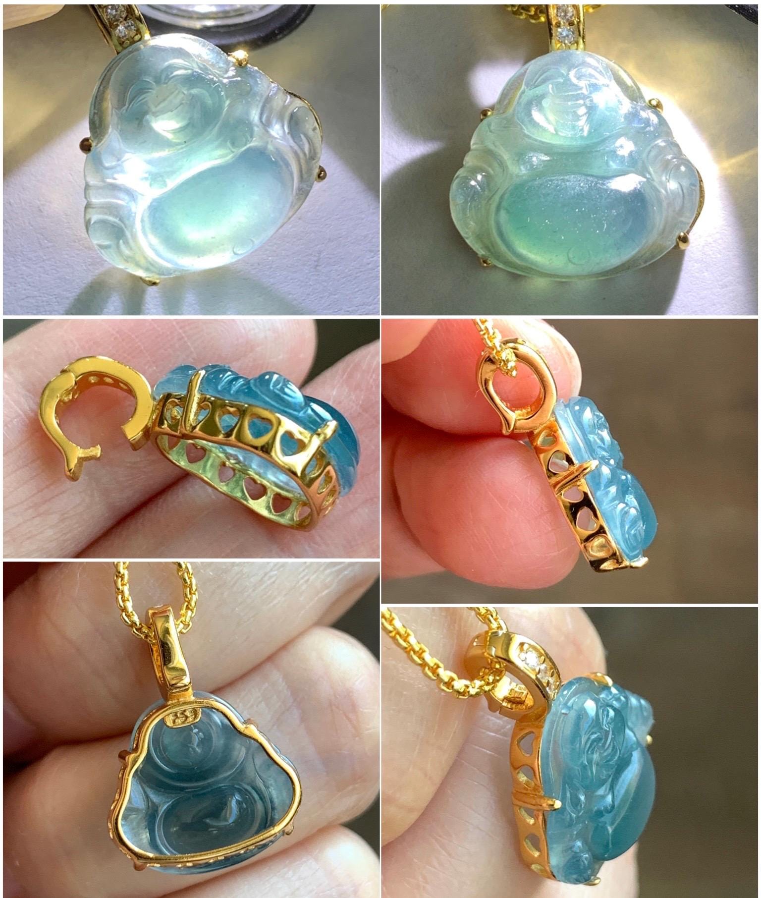 Natural Grade A Guatemalan Icy Highly Translucent Aegean Blue Jadeite Buddha Pendant Sterling Silver YG Overlay 天然冰危蓝绿起光翡翠佛公吊坠 WAL120A