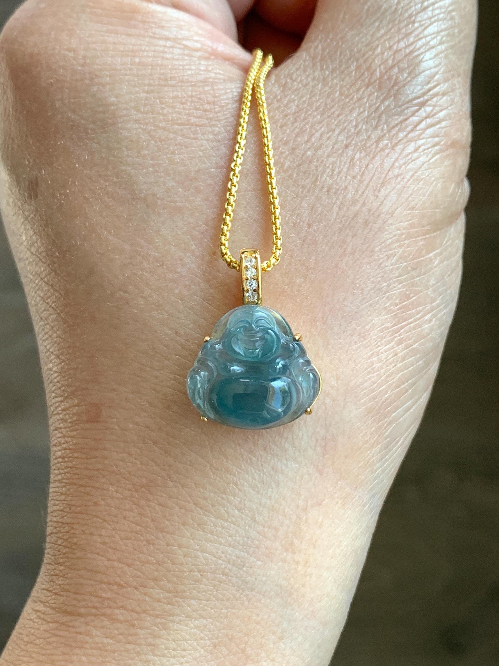 Natural Grade A Guatemalan Icy Highly Translucent Aegean Blue Jadeite Buddha Pendant Sterling Silver YG Overlay 天然冰危蓝绿起光翡翠佛公吊坠 WAL120A