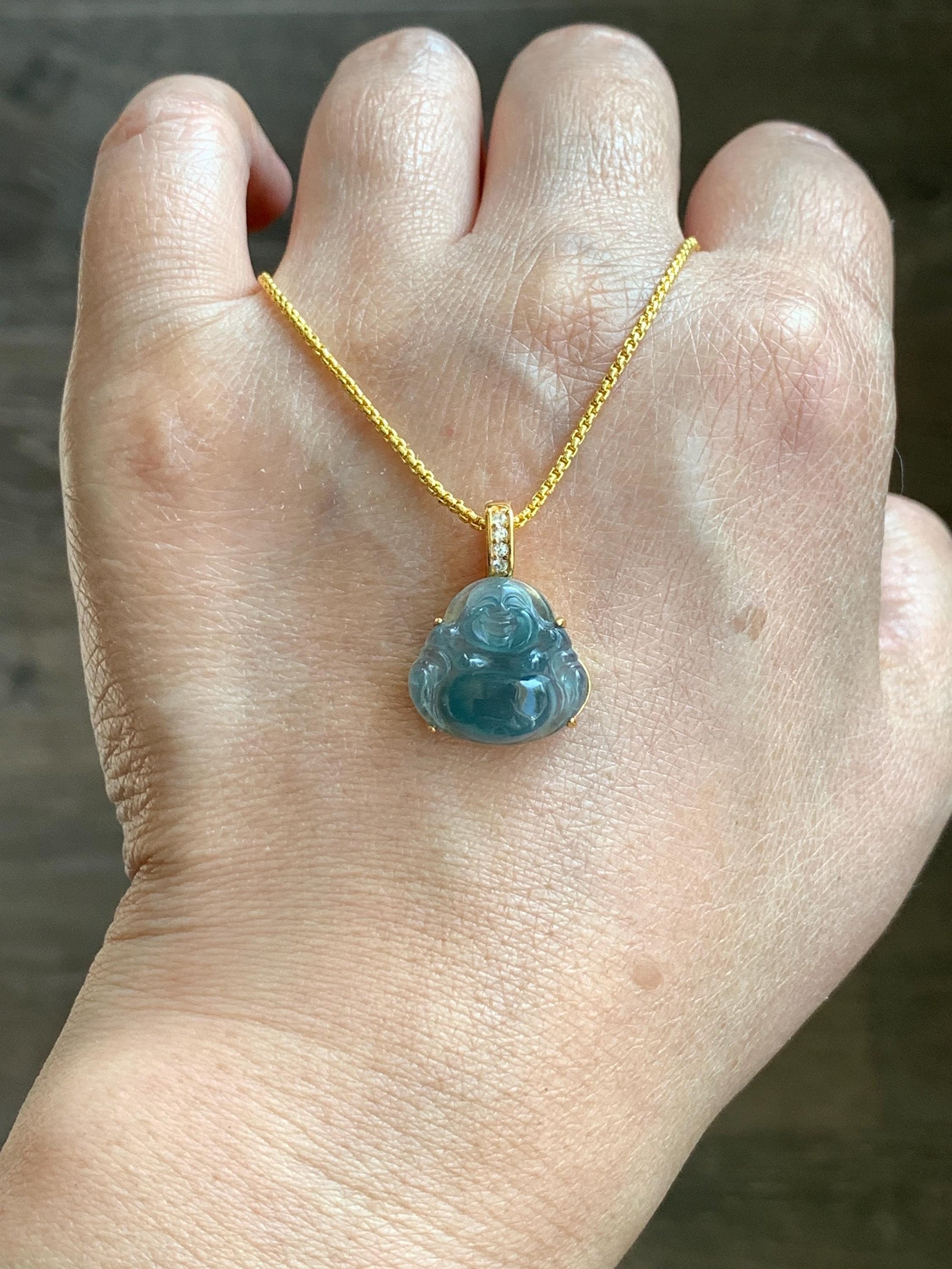Natural Grade A Guatemalan Icy Highly Translucent Aegean Blue Jadeite Buddha Pendant Sterling Silver YG Overlay 天然冰危蓝绿起光翡翠佛公吊坠 WAL120A