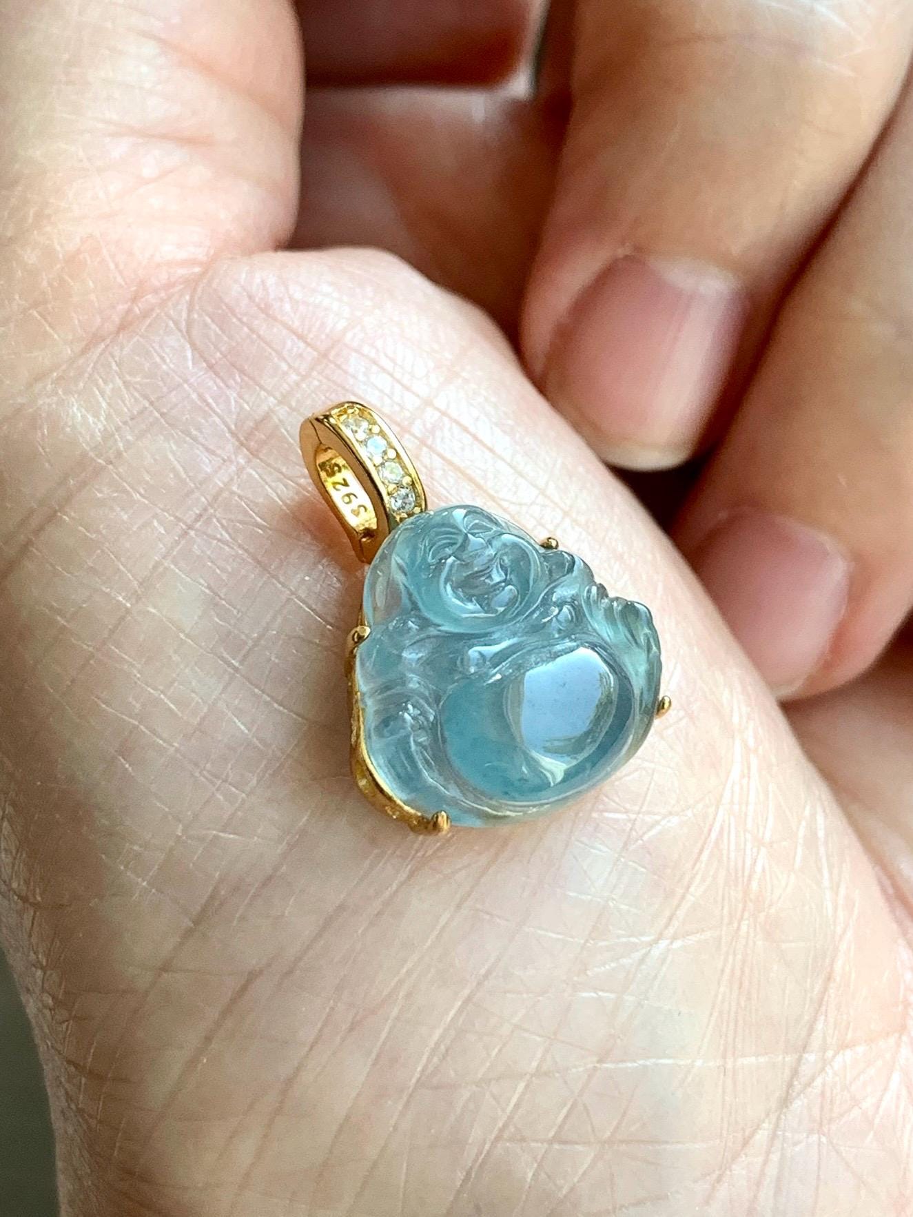 Natural Grade A Guatemalan Icy Highly Translucent Aegean Blue Jadeite Buddha Pendant Sterling Silver YG Overlay 天然冰危蓝绿起光翡翠佛公吊坠 WAL120B
