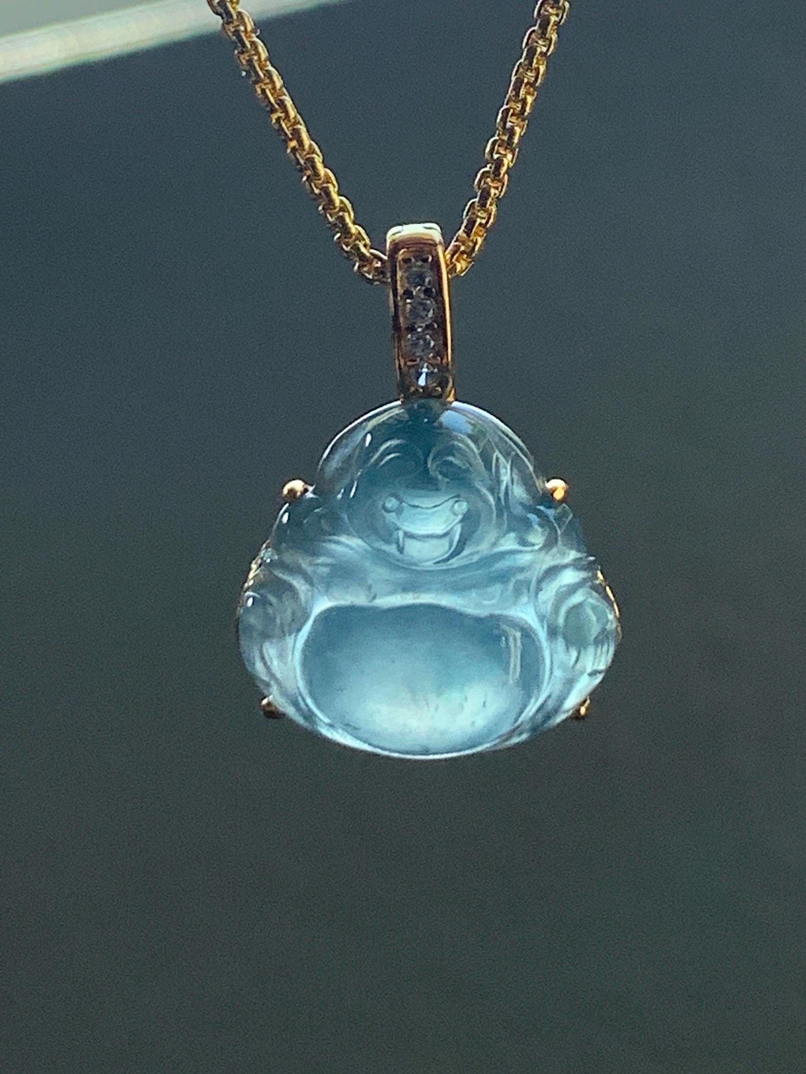 Natural Grade A Guatemalan Icy Highly Translucent Aegean Blue Jadeite Buddha Pendant Sterling Silver YG Overlay 天然冰危蓝绿起光翡翠佛公吊坠 WAL120B