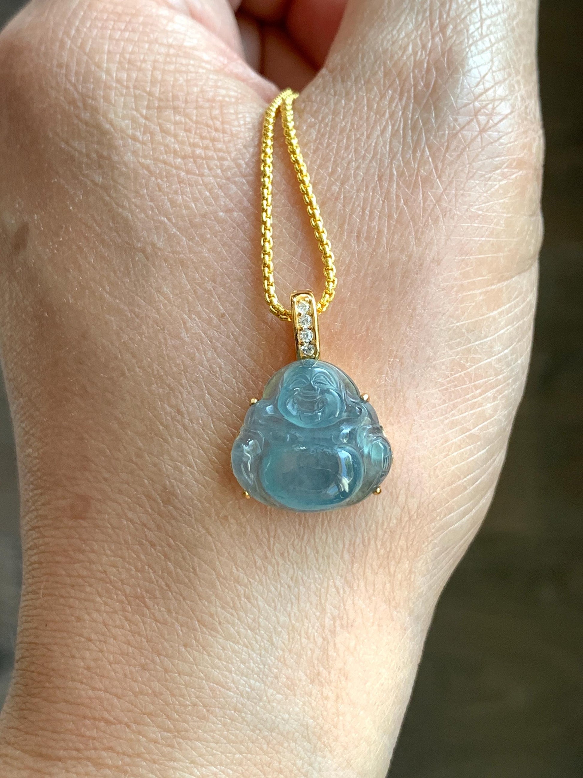 Natural Grade A Guatemalan Icy Highly Translucent Aegean Blue Jadeite Buddha Pendant Sterling Silver YG Overlay 天然冰危蓝绿起光翡翠佛公吊坠 WAL120B