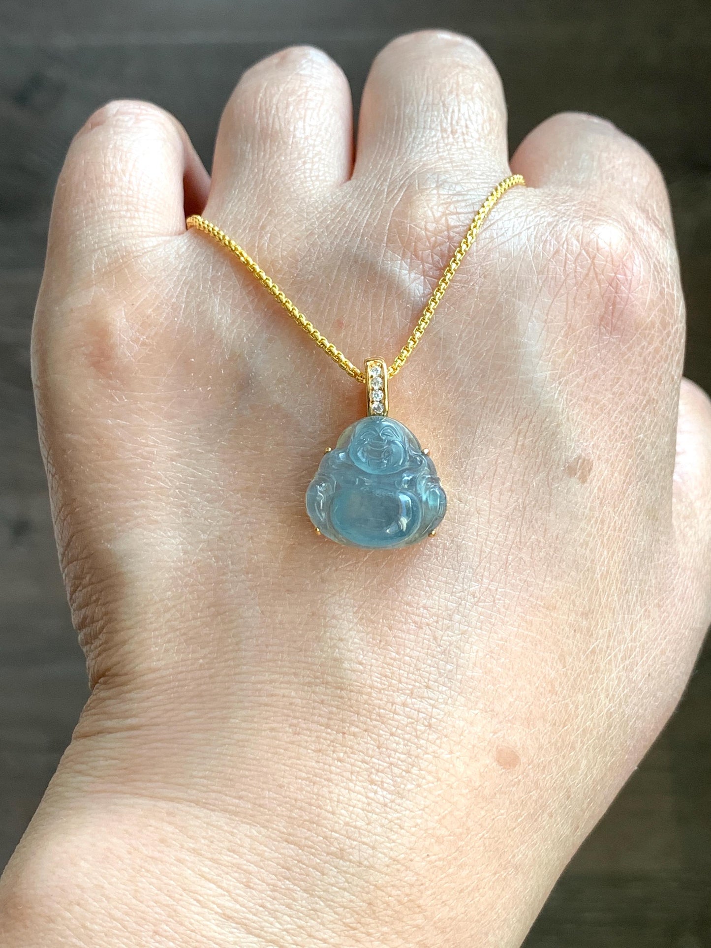 Natural Grade A Guatemalan Icy Highly Translucent Aegean Blue Jadeite Buddha Pendant Sterling Silver YG Overlay 天然冰危蓝绿起光翡翠佛公吊坠 WAL120B