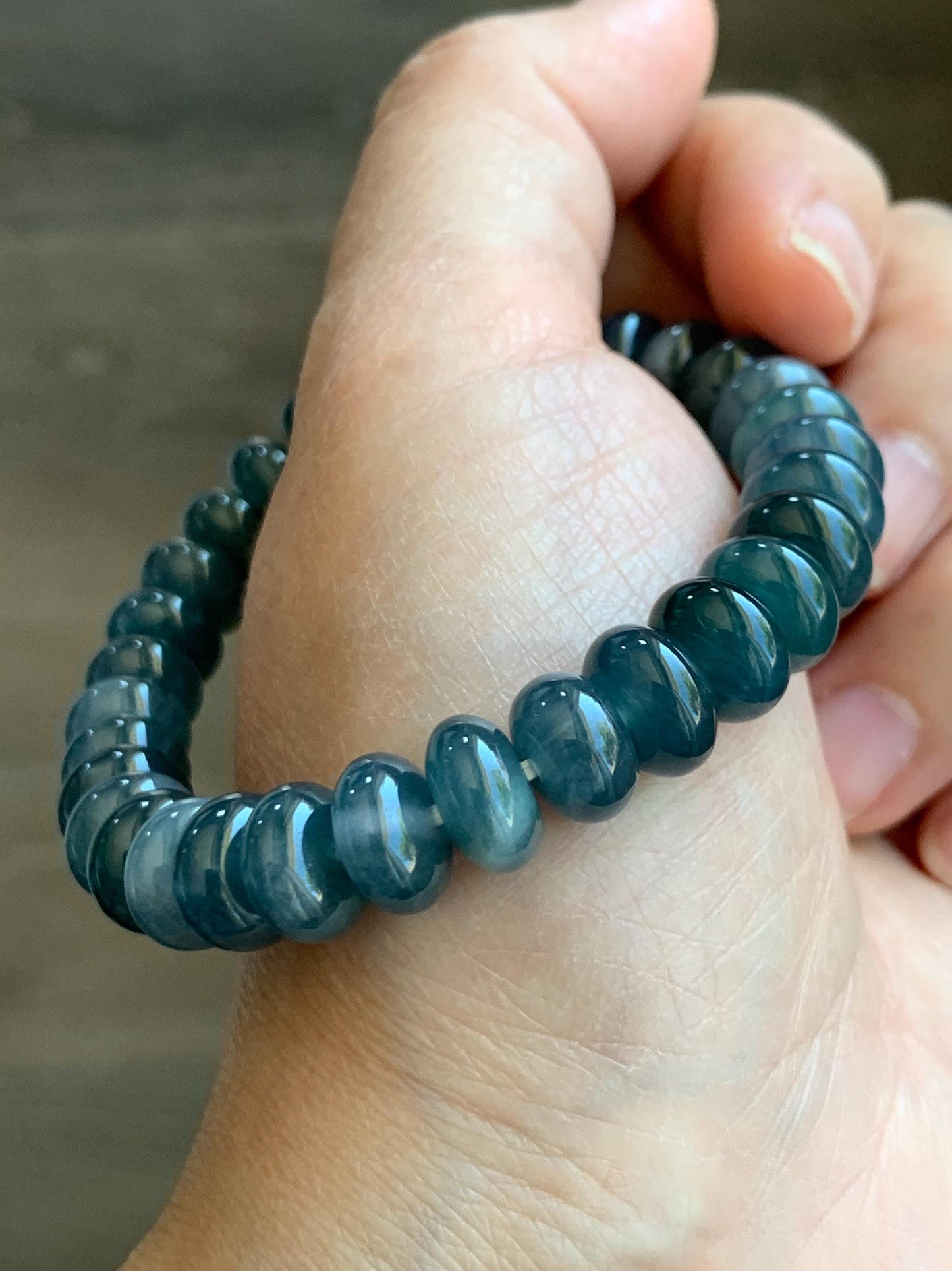 Certified Natural Guatemalan Icy Translucent Dusty Aegean Blue Jadeite Drum Beads Beaded Bracelet Stretchy 7” 34.74g 天然冰危蓝水翡翠鼓珠手串 9405