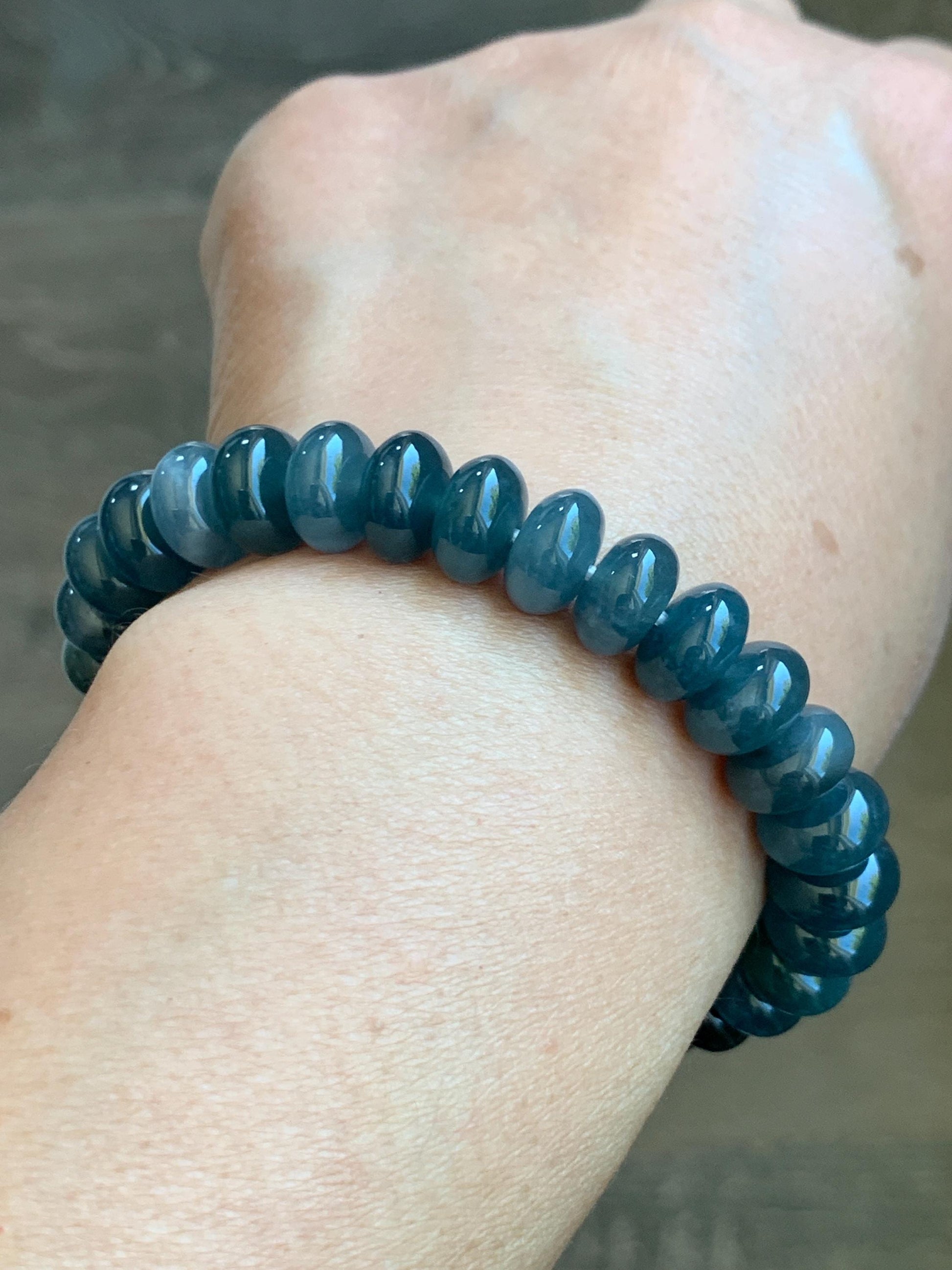Certified Natural Guatemalan Icy Translucent Dusty Aegean Blue Jadeite Drum Beads Beaded Bracelet Stretchy 7” 34.74g 天然冰危蓝水翡翠鼓珠手串 9405