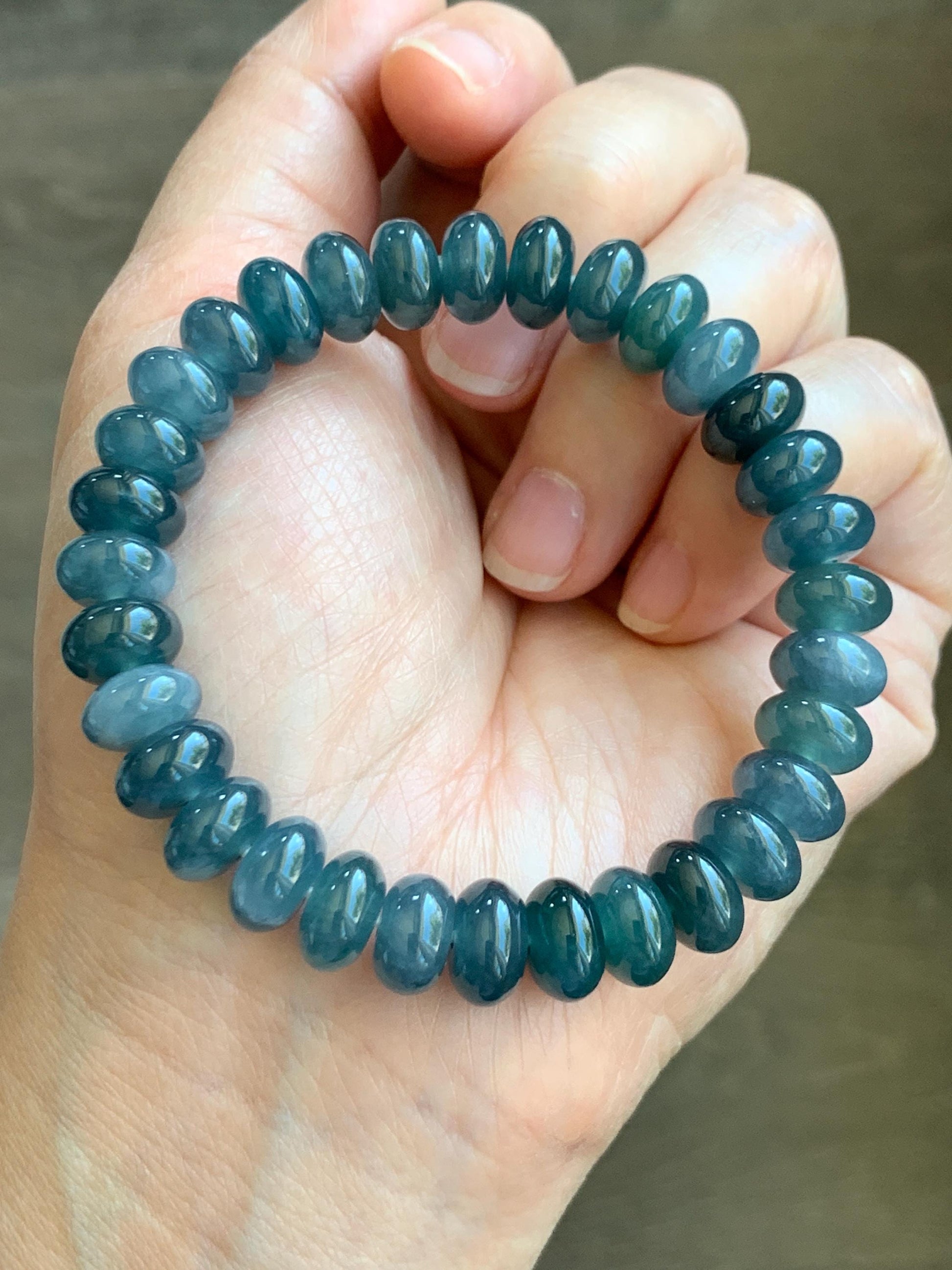 Certified Natural Guatemalan Icy Translucent Dusty Aegean Blue Jadeite Drum Beads Beaded Bracelet Stretchy 7” 34.74g 天然冰危蓝水翡翠鼓珠手串 9405