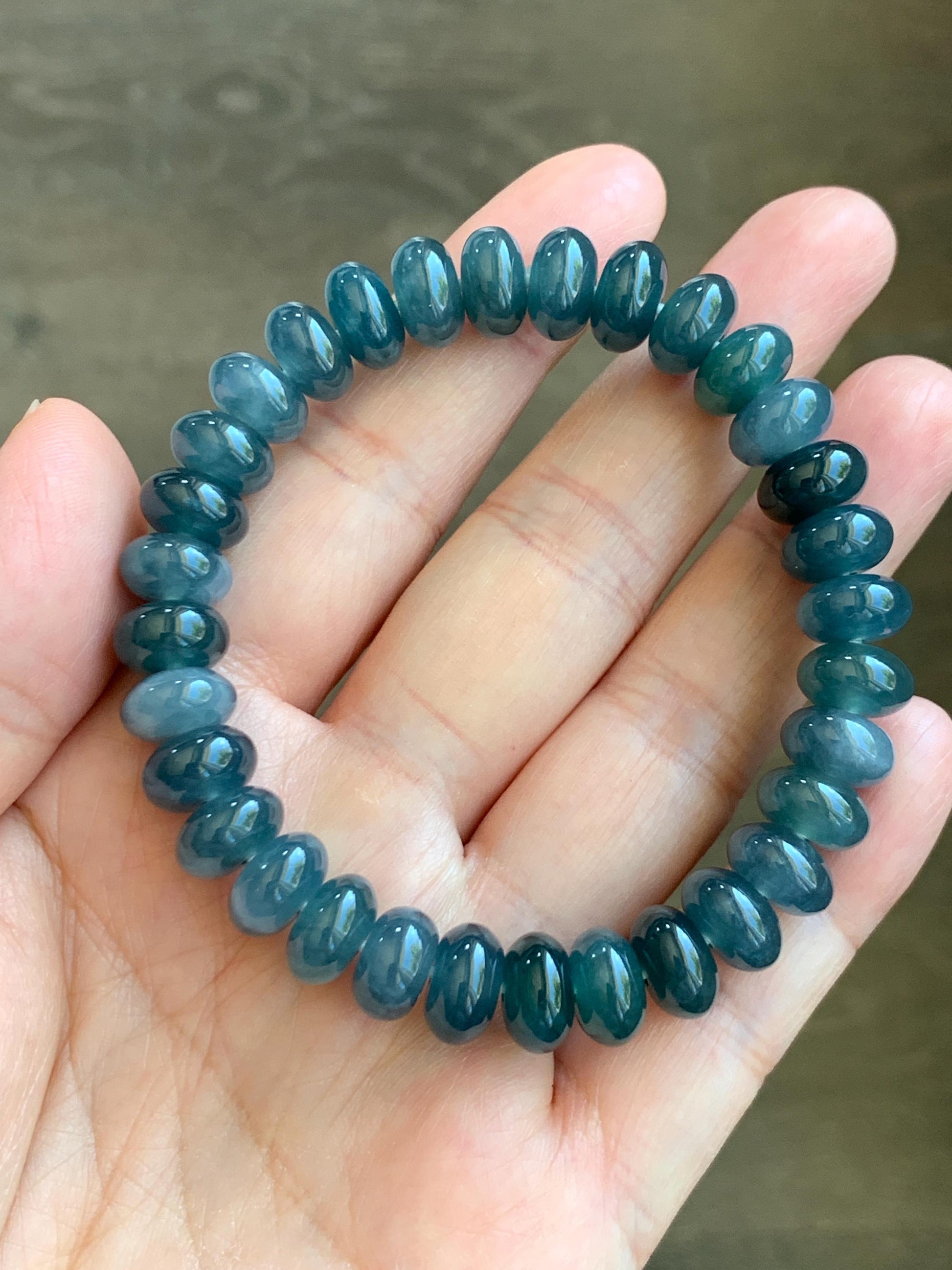Certified Natural Guatemalan Icy Translucent Dusty Aegean Blue Jadeite Drum Beads Beaded Bracelet Stretchy 7” 34.74g 天然冰危蓝水翡翠鼓珠手串 9405