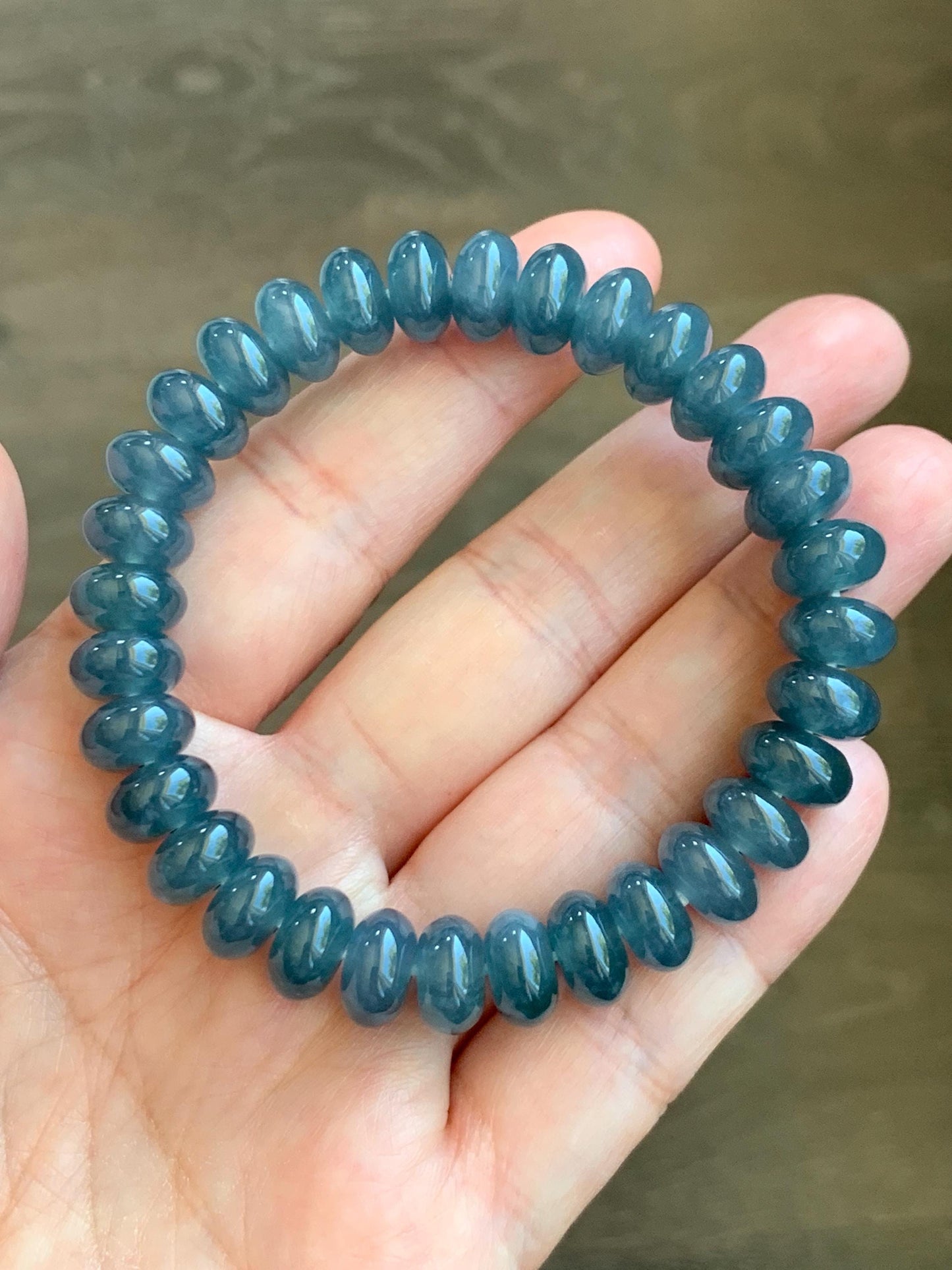 Certified Natural Guatemalan Icy Translucent Dusty Aegean Blue Jadeite Drum Beads Beaded Bracelet Stretchy 7” 34.72g 天然冰危蓝水翡翠鼓珠手串 9404